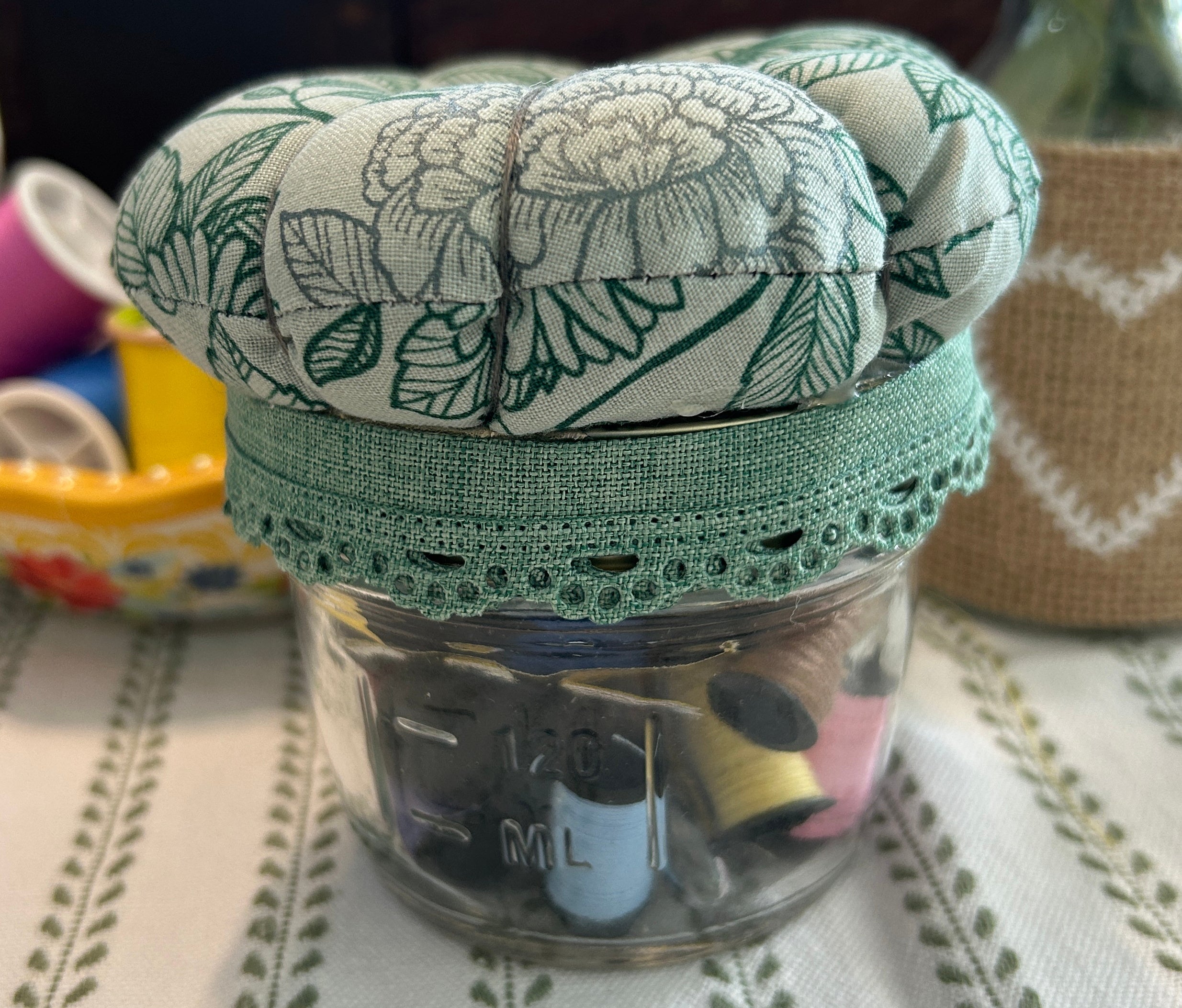 Mason Jar Sewing Kit with Green Flowers and Bees