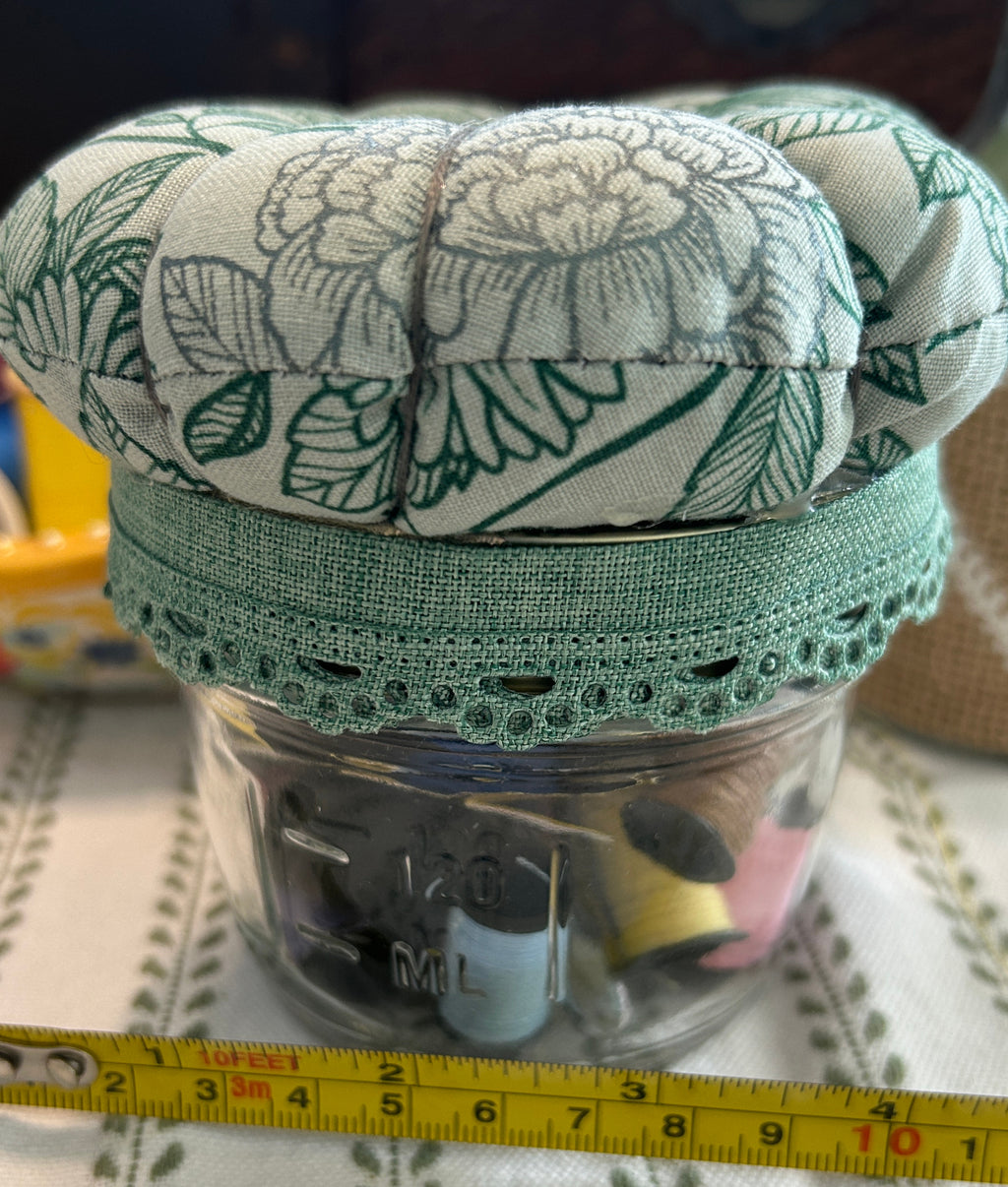 Mason Jar Sewing Kit with Green Flowers and Bees