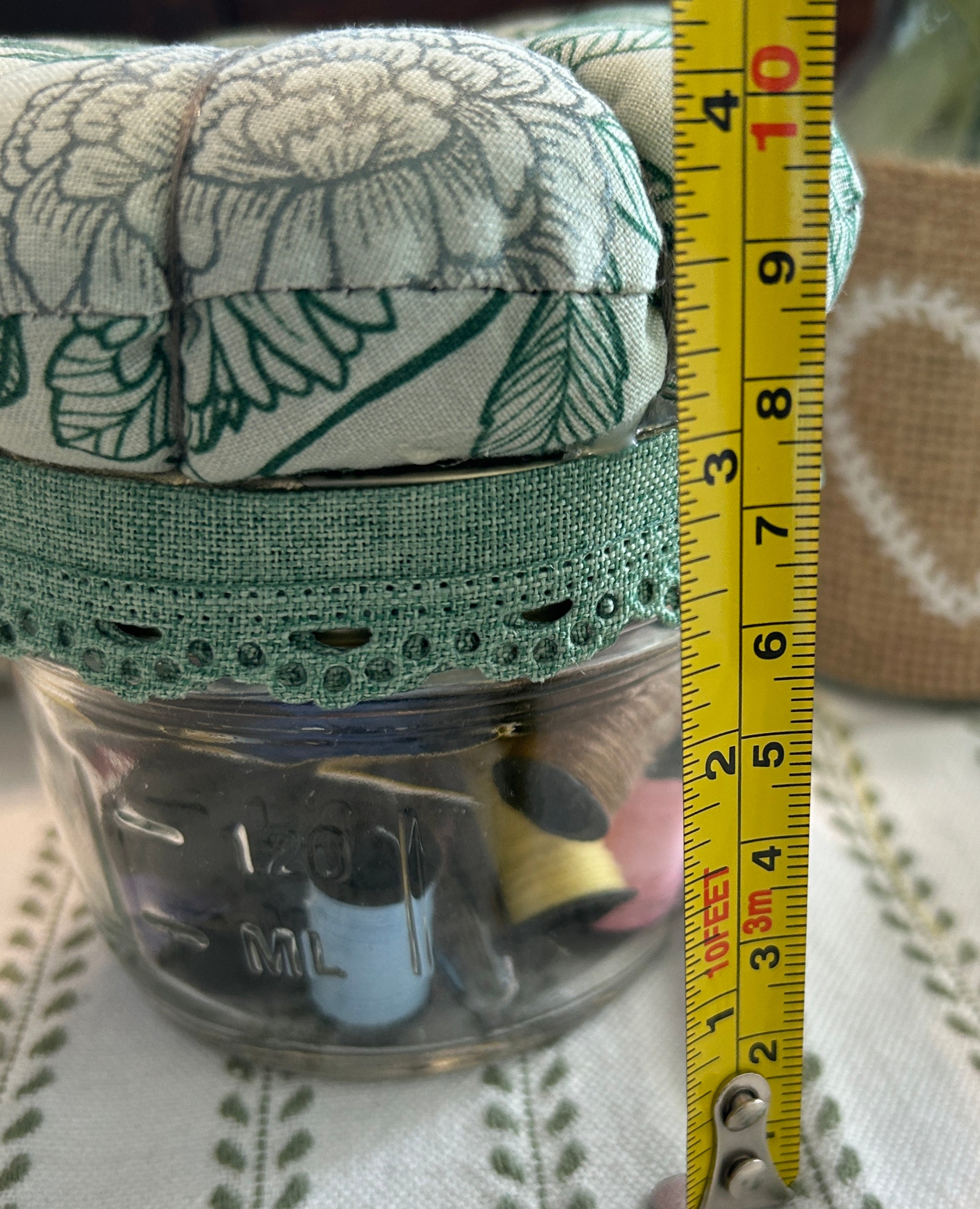 Mason Jar Sewing Kit with Green Flowers and Bees