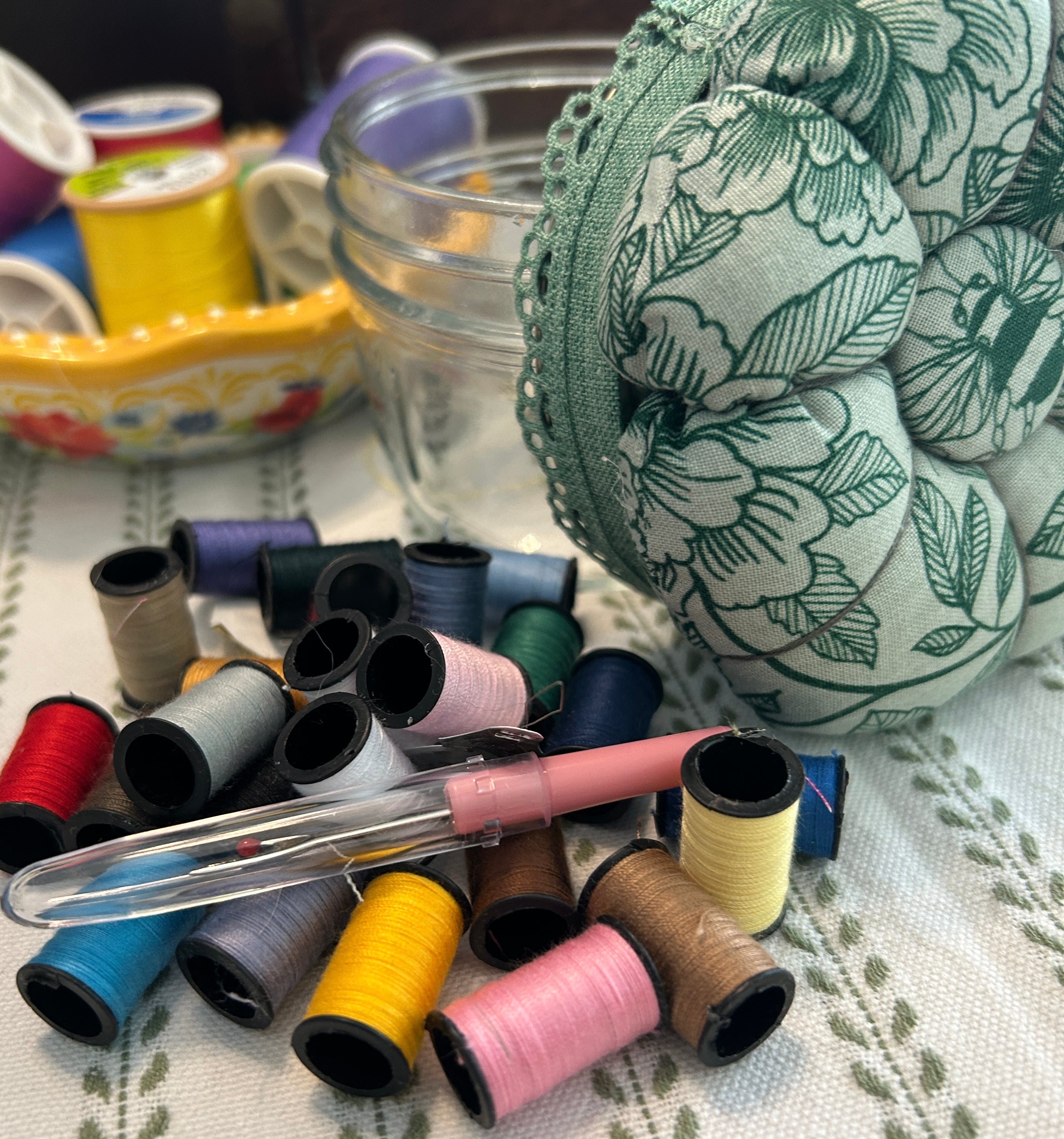 Mason Jar Sewing Kit with Green Flowers and Bees