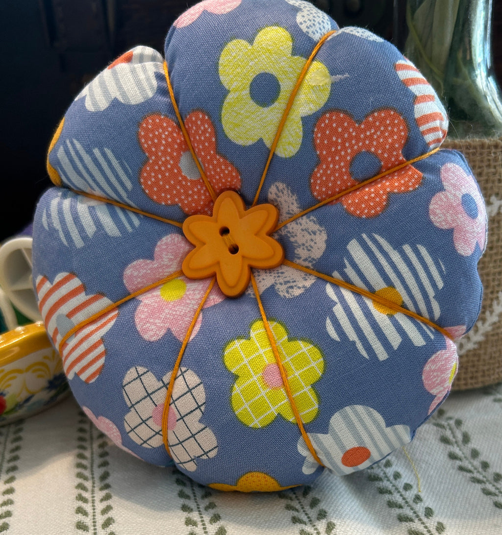 Pin Cushion Modern Floral Design with Wooden Base