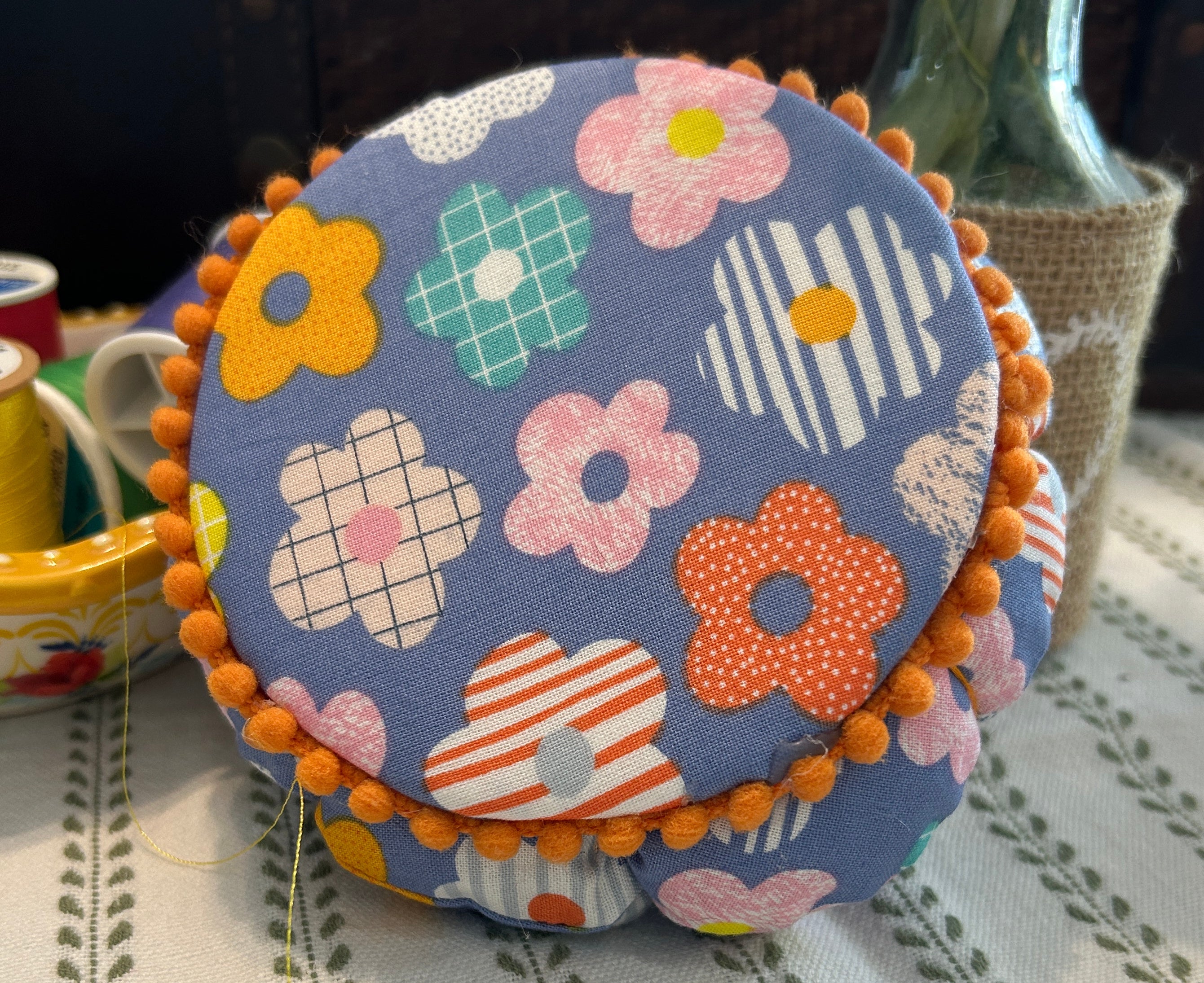 Pin Cushion Modern Floral Design with Wooden Base