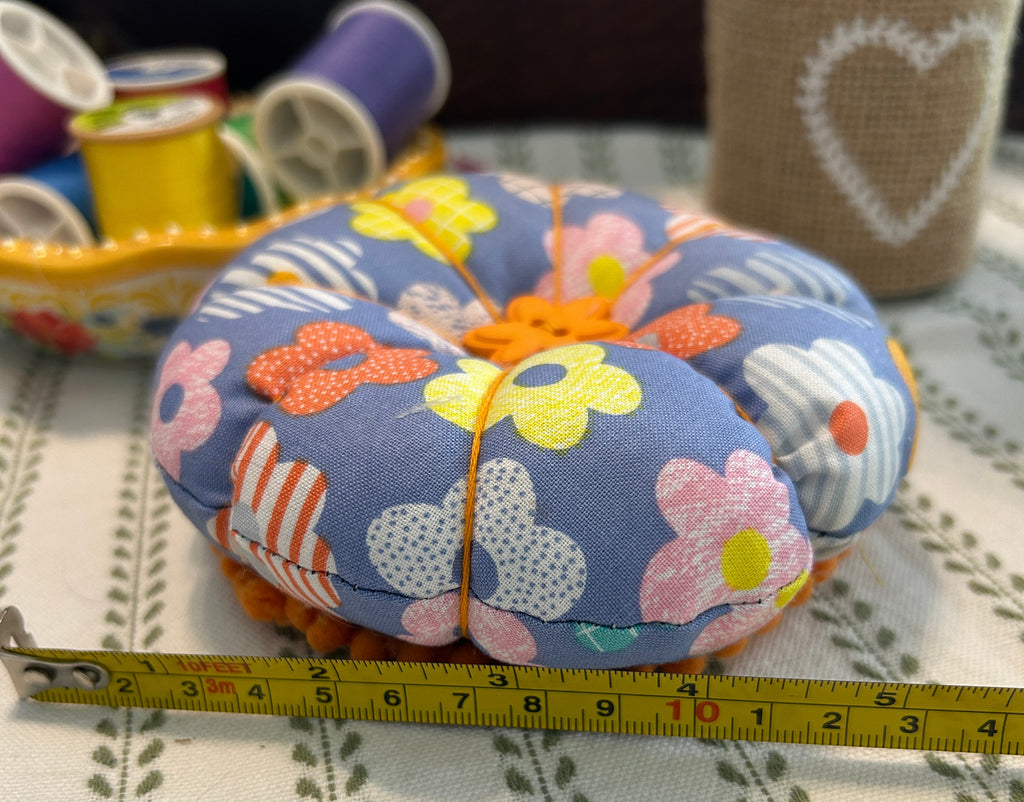 Pin Cushion Modern Floral Design with Wooden Base