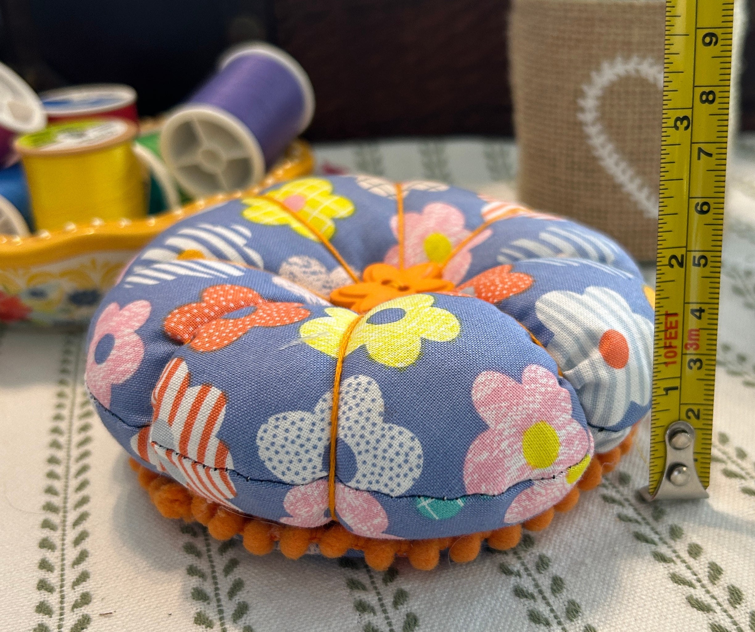 Pin Cushion Modern Floral Design with Wooden Base