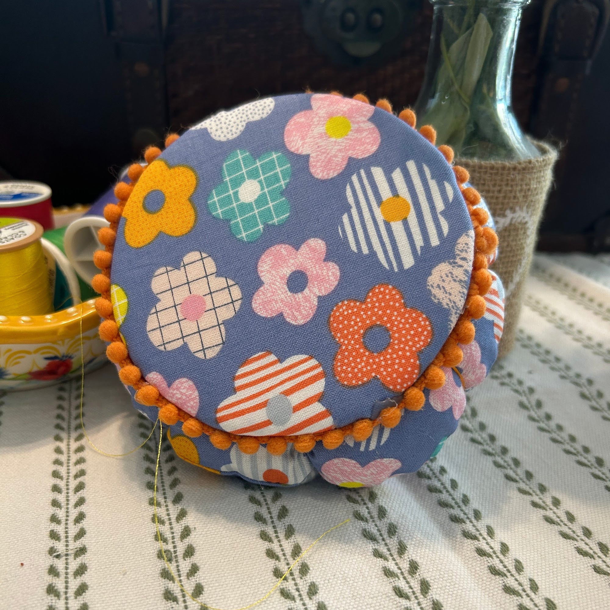 Pin Cushion Modern Floral Design with Wooden Base