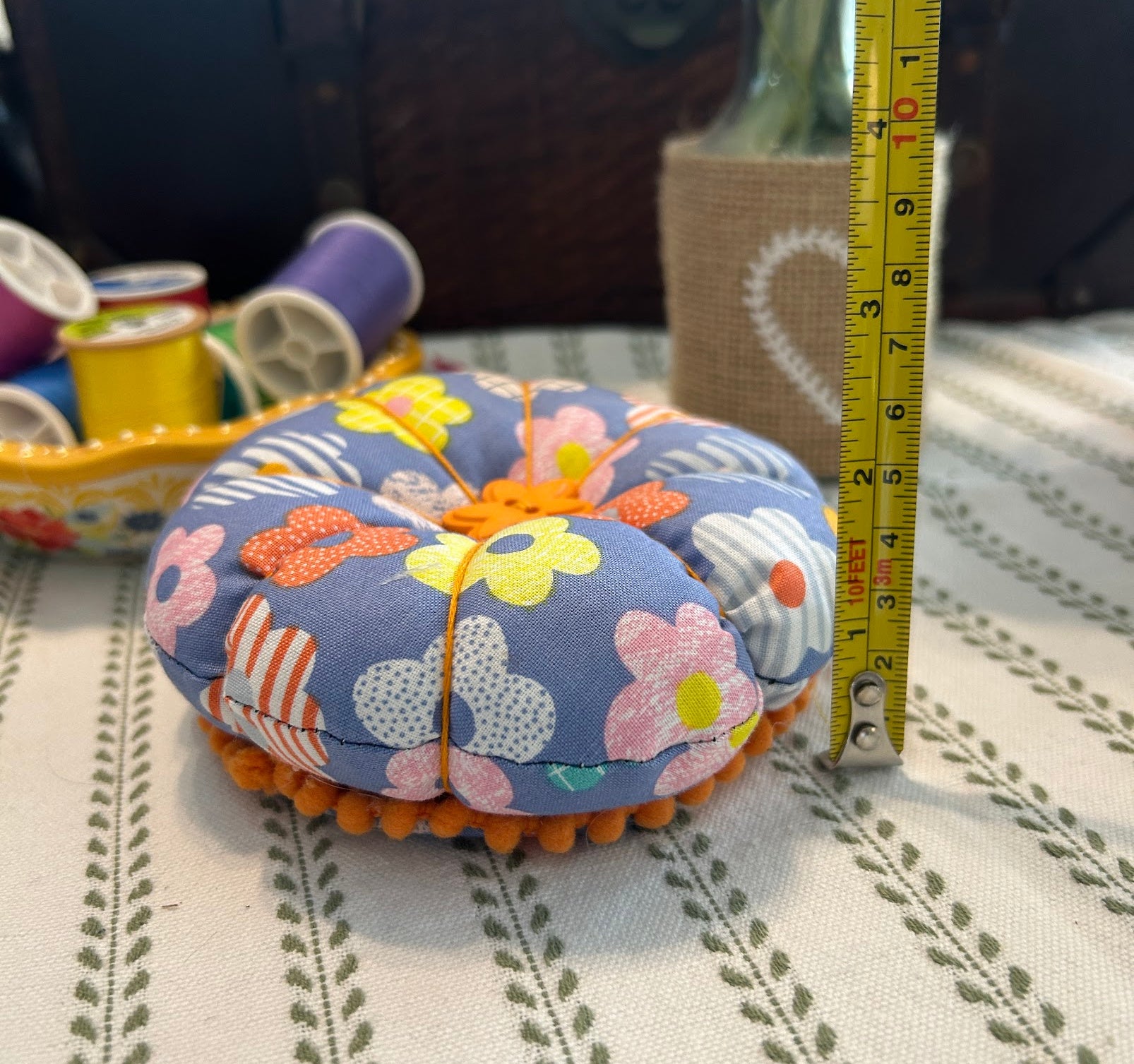 Pin Cushion Modern Floral Design with Wooden Base