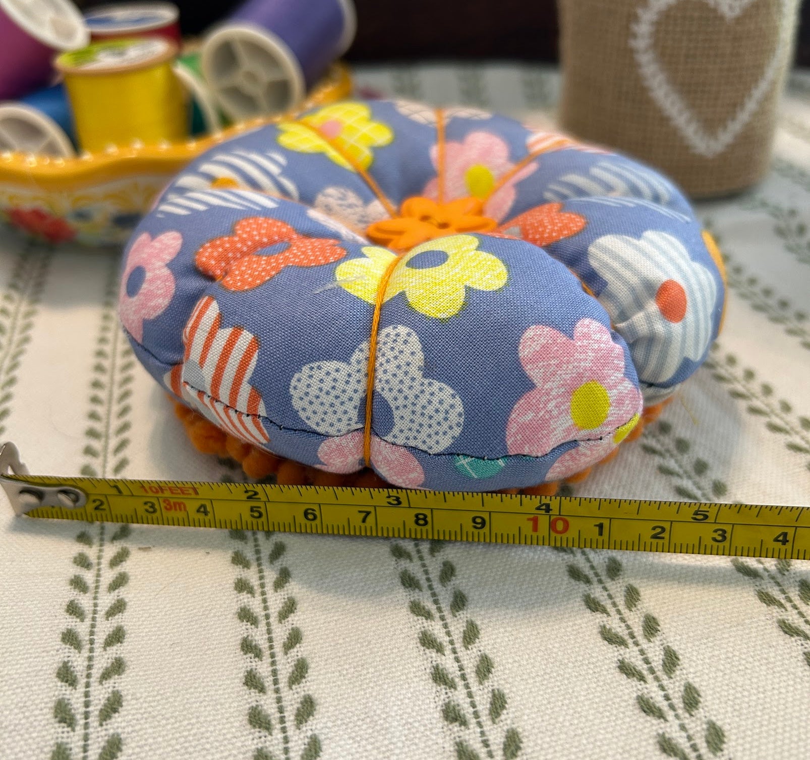 Pin Cushion Modern Floral Design with Wooden Base