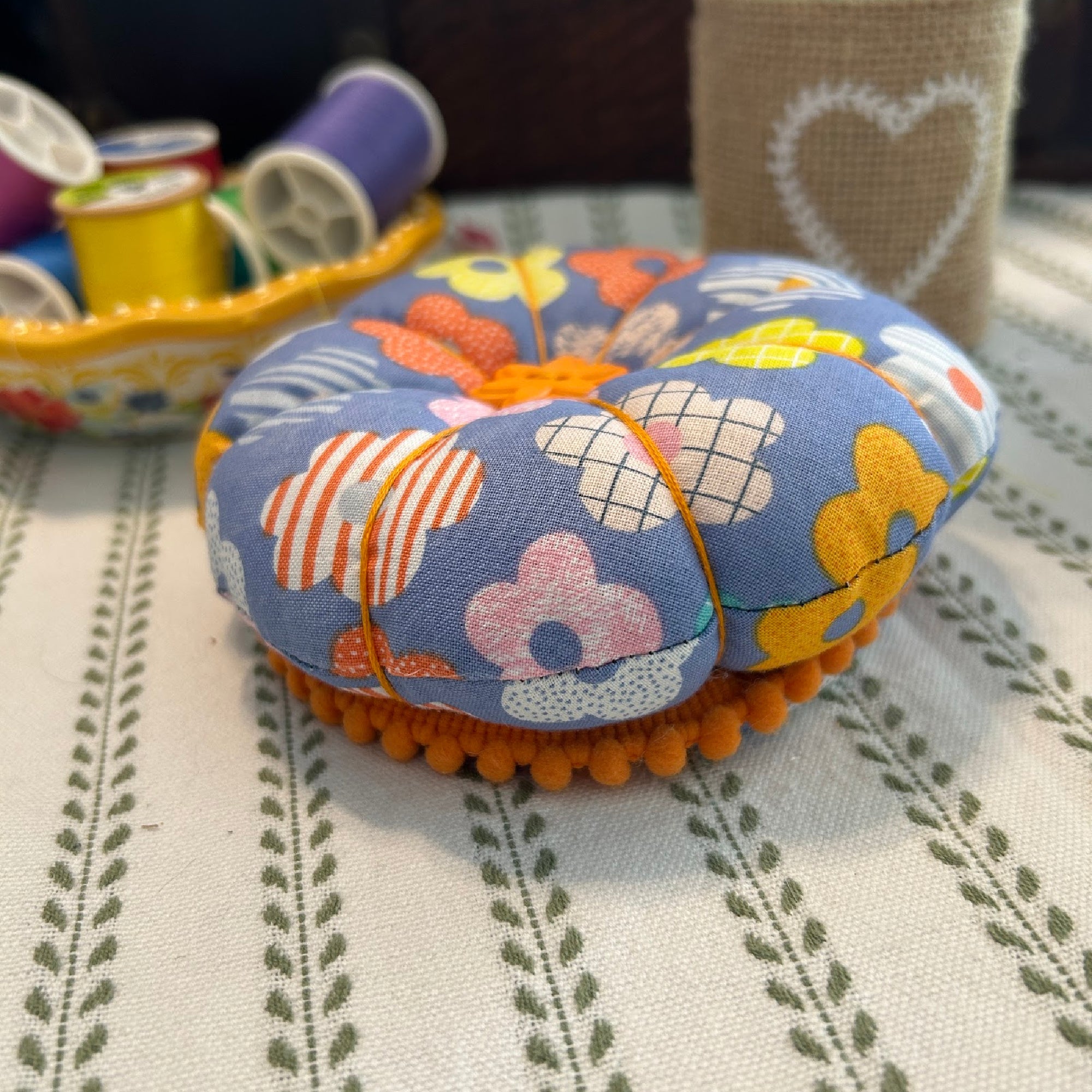 Pin Cushion Modern Floral Design with Wooden Base
