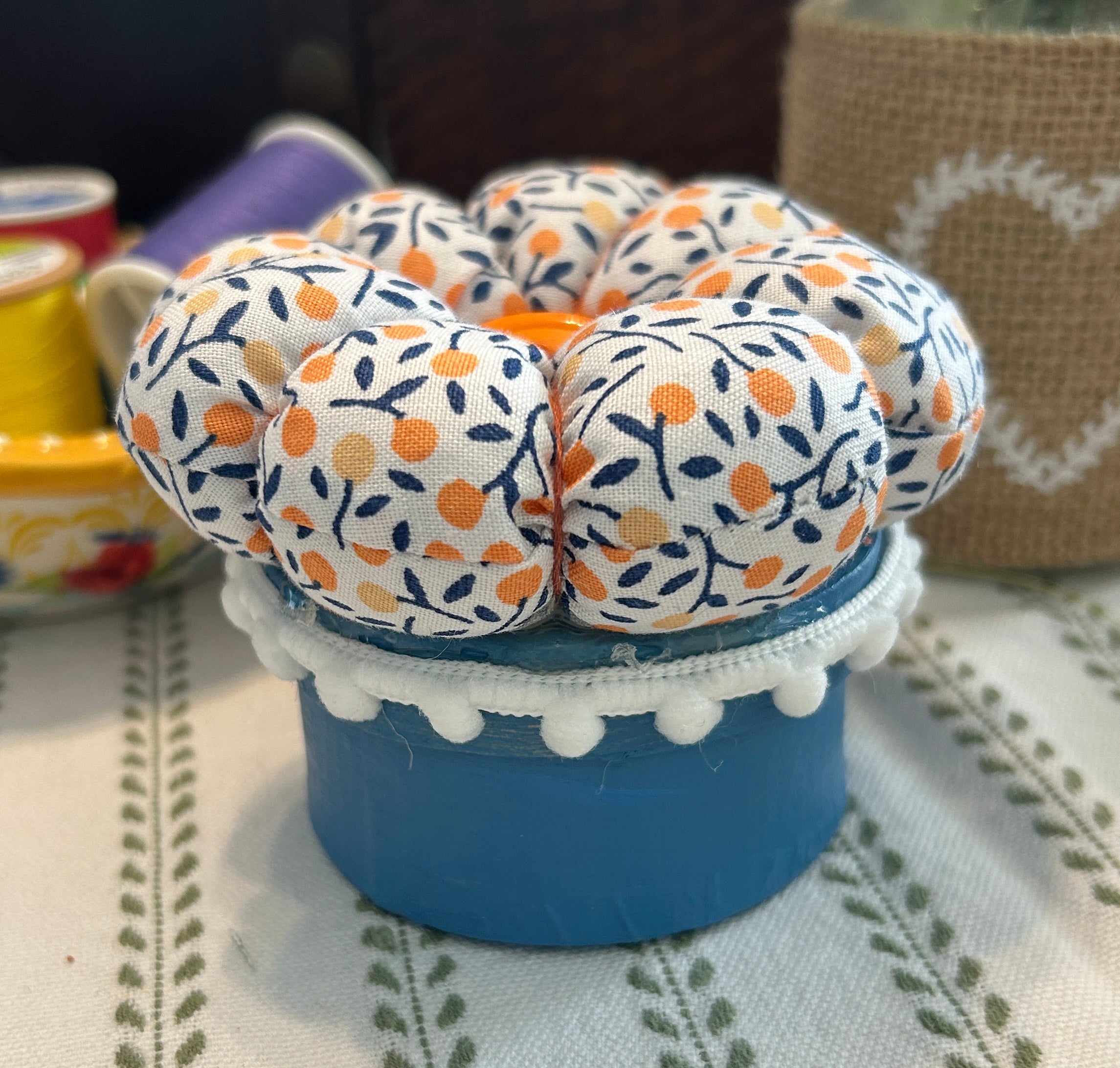 Small Pin Cushion with Storage Compartment - Orange and Blue