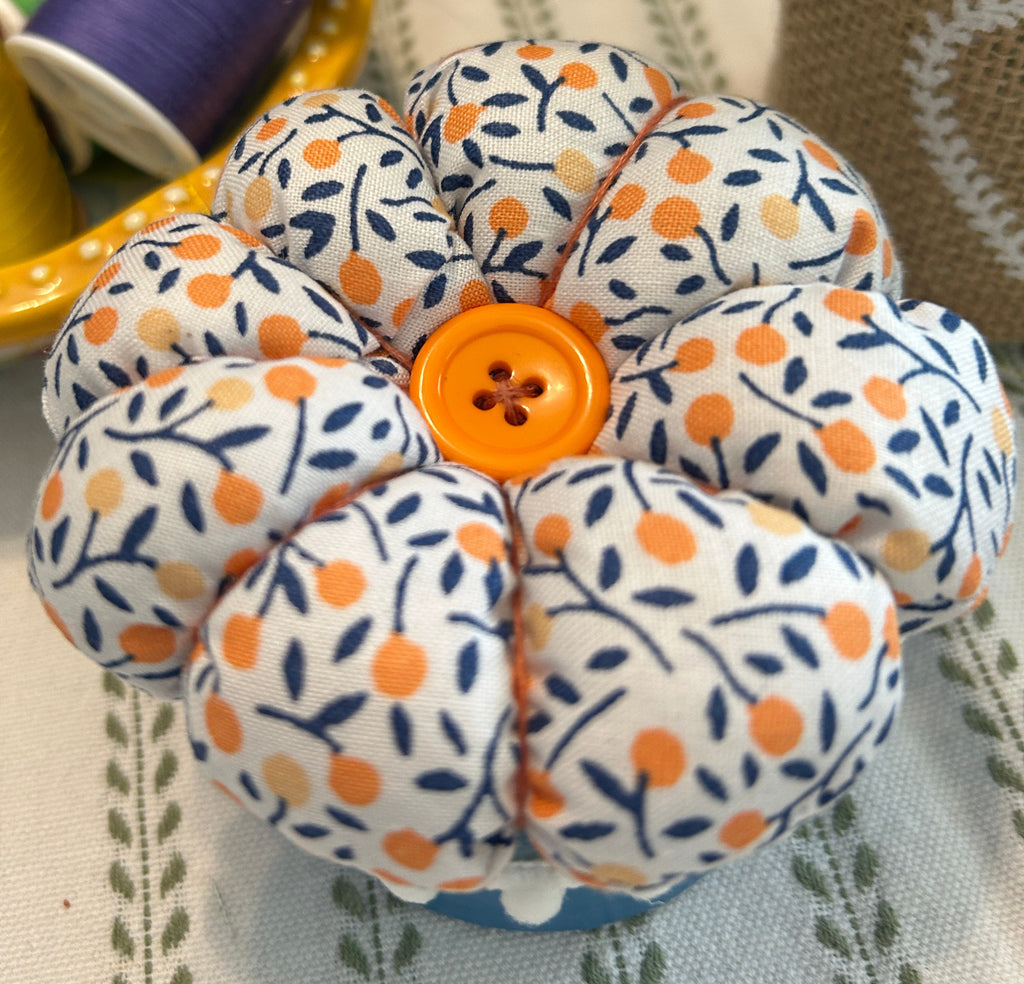 Small Pin Cushion with Storage Compartment - Orange and Blue