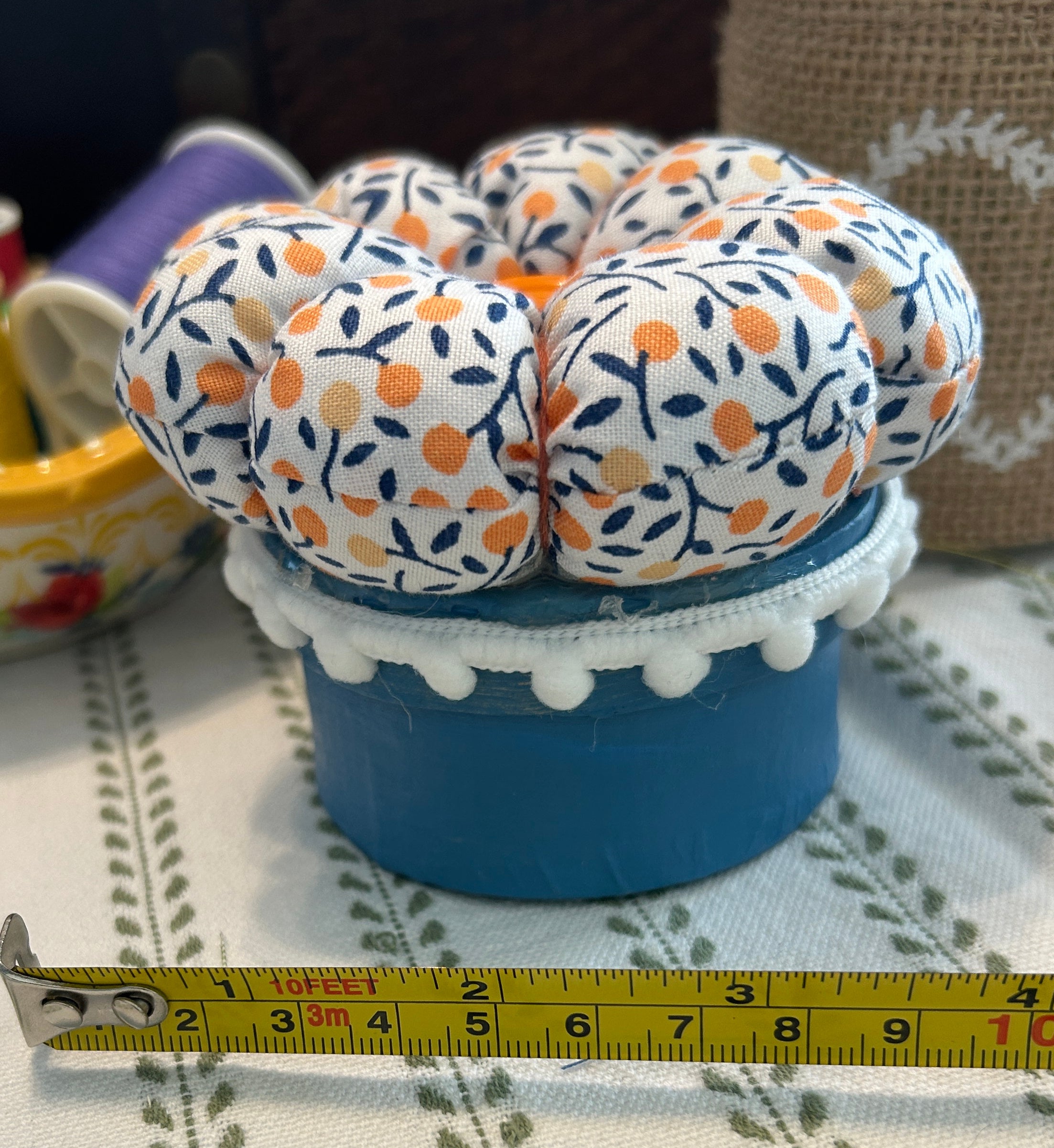 Small Pin Cushion with Storage Compartment - Orange and Blue