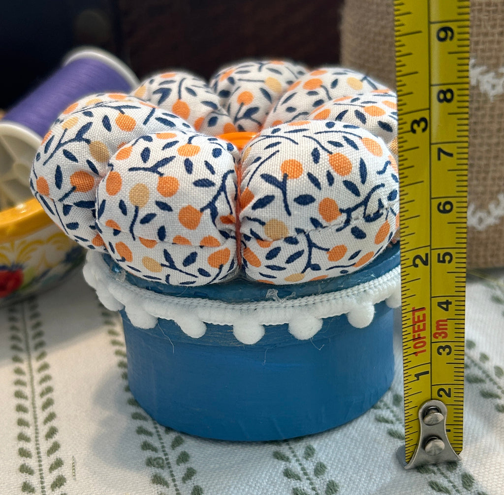Small Pin Cushion with Storage Compartment - Orange and Blue