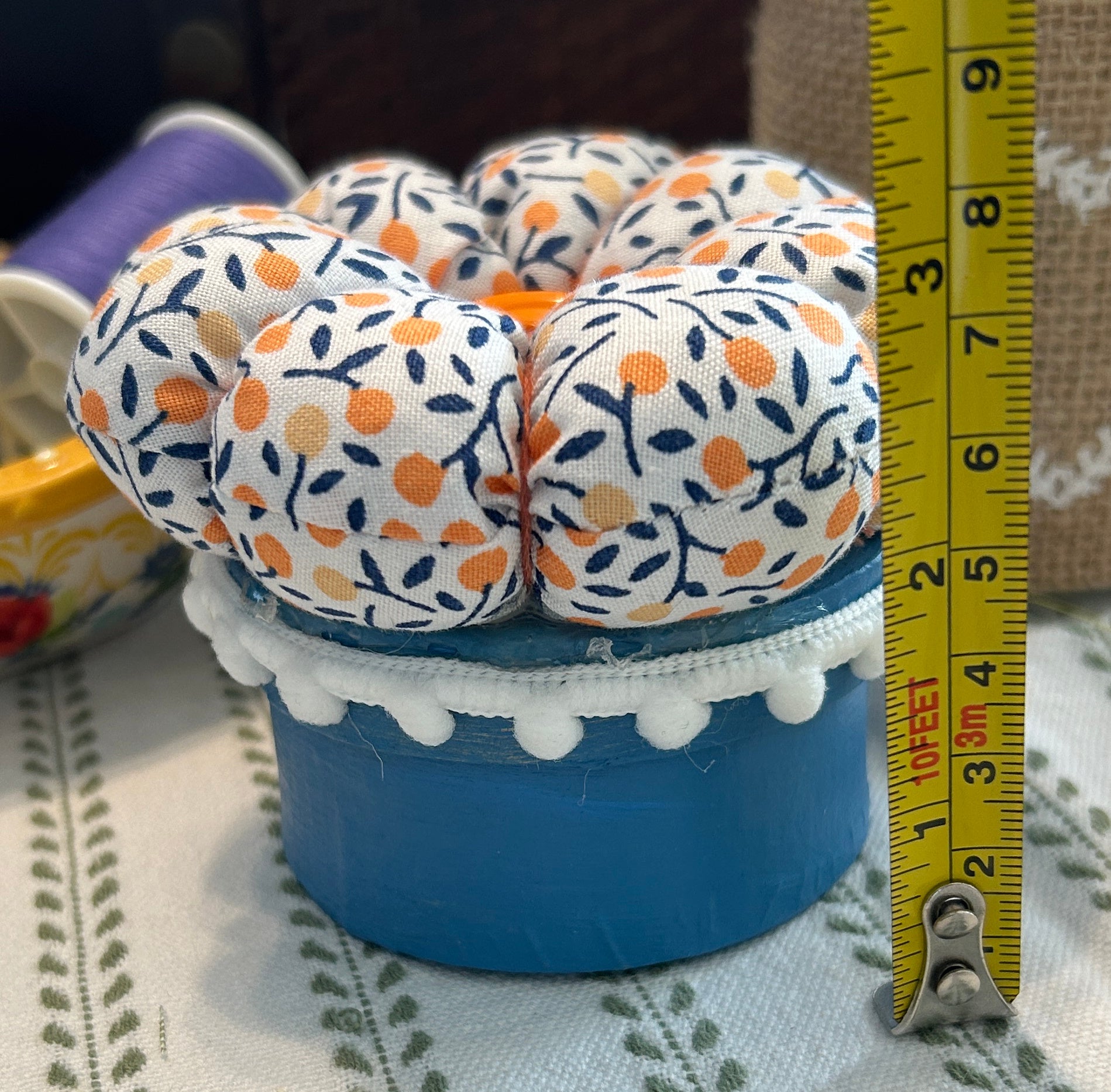 Small Pin Cushion with Storage Compartment - Orange and Blue