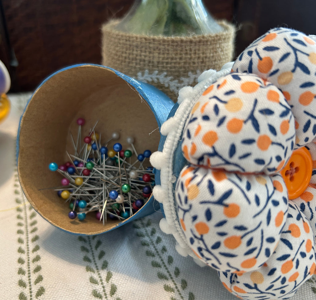 Small Pin Cushion with Storage Compartment - Orange and Blue