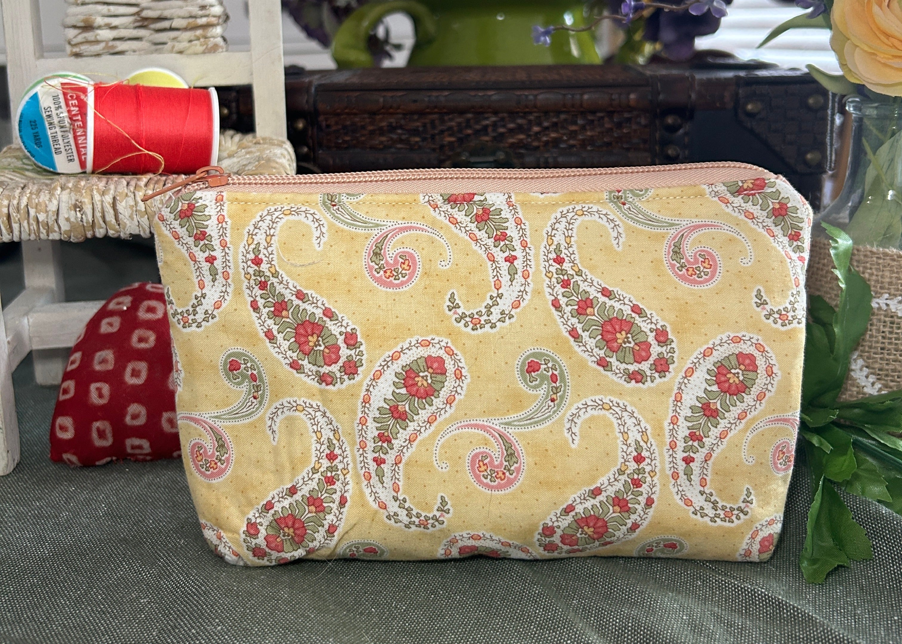 Peachy Paisleys on Buttery Yellow Cosmetic Zipper Pouch