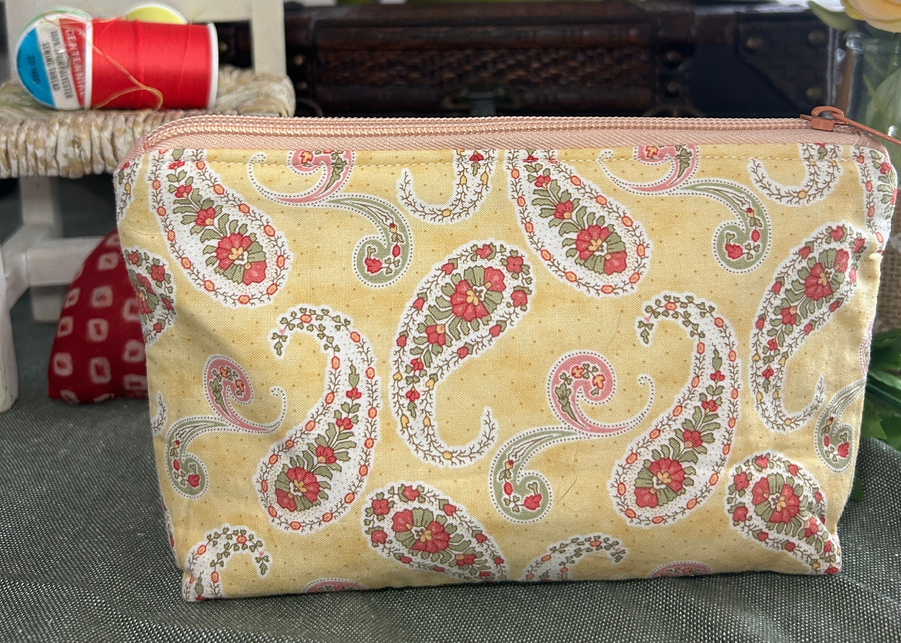 Peachy Paisleys on Buttery Yellow Cosmetic Zipper Pouch