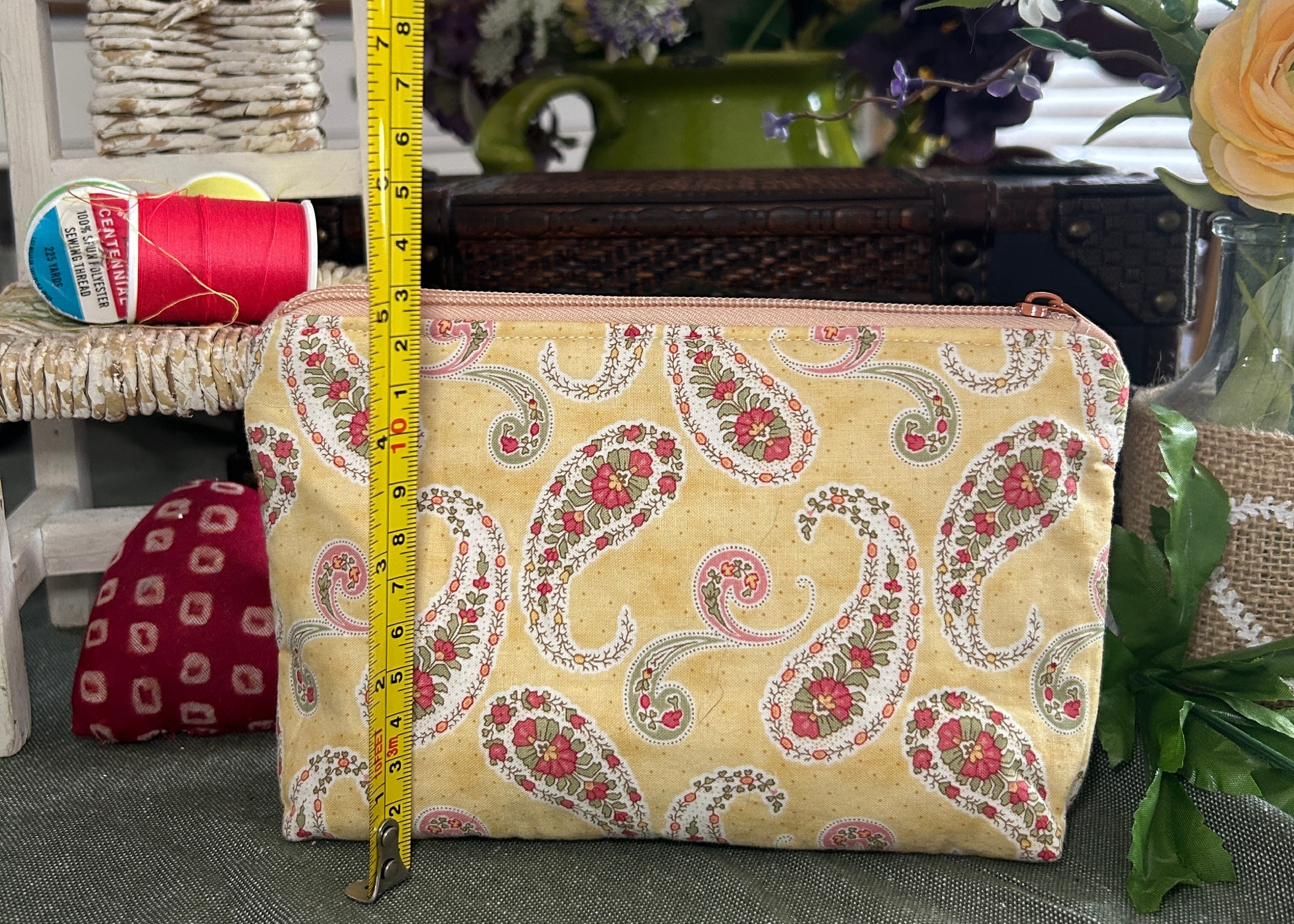 Peachy Paisleys on Buttery Yellow Cosmetic Zipper Pouch