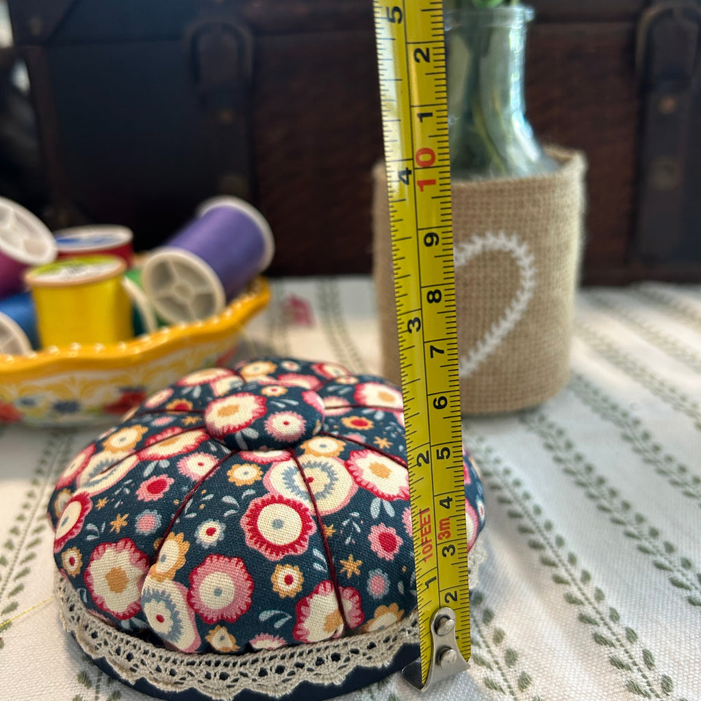 Pin Cushion - Facets on Navy Blue with Wooden Base