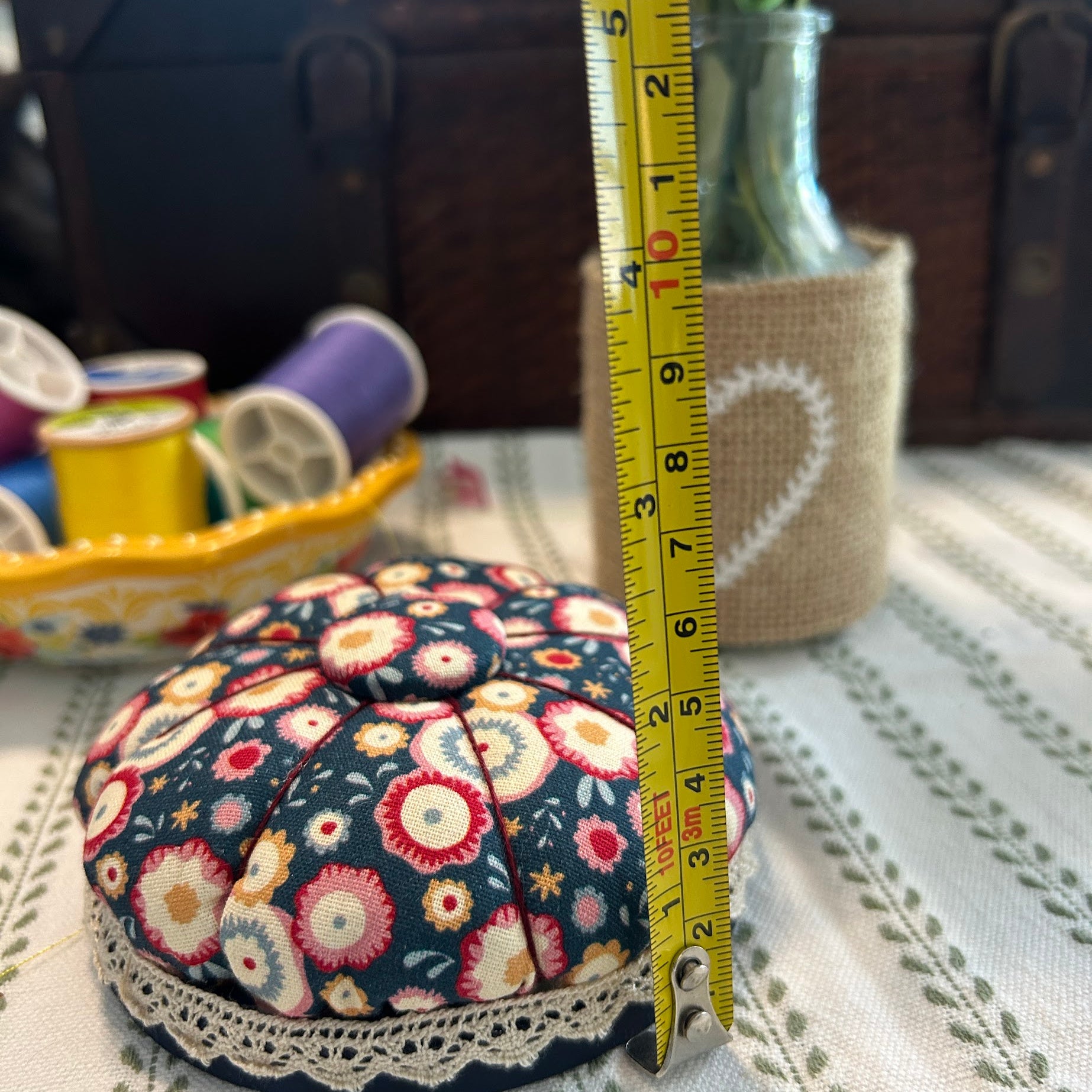 Pin Cushion - Facets on Navy Blue with Wooden Base