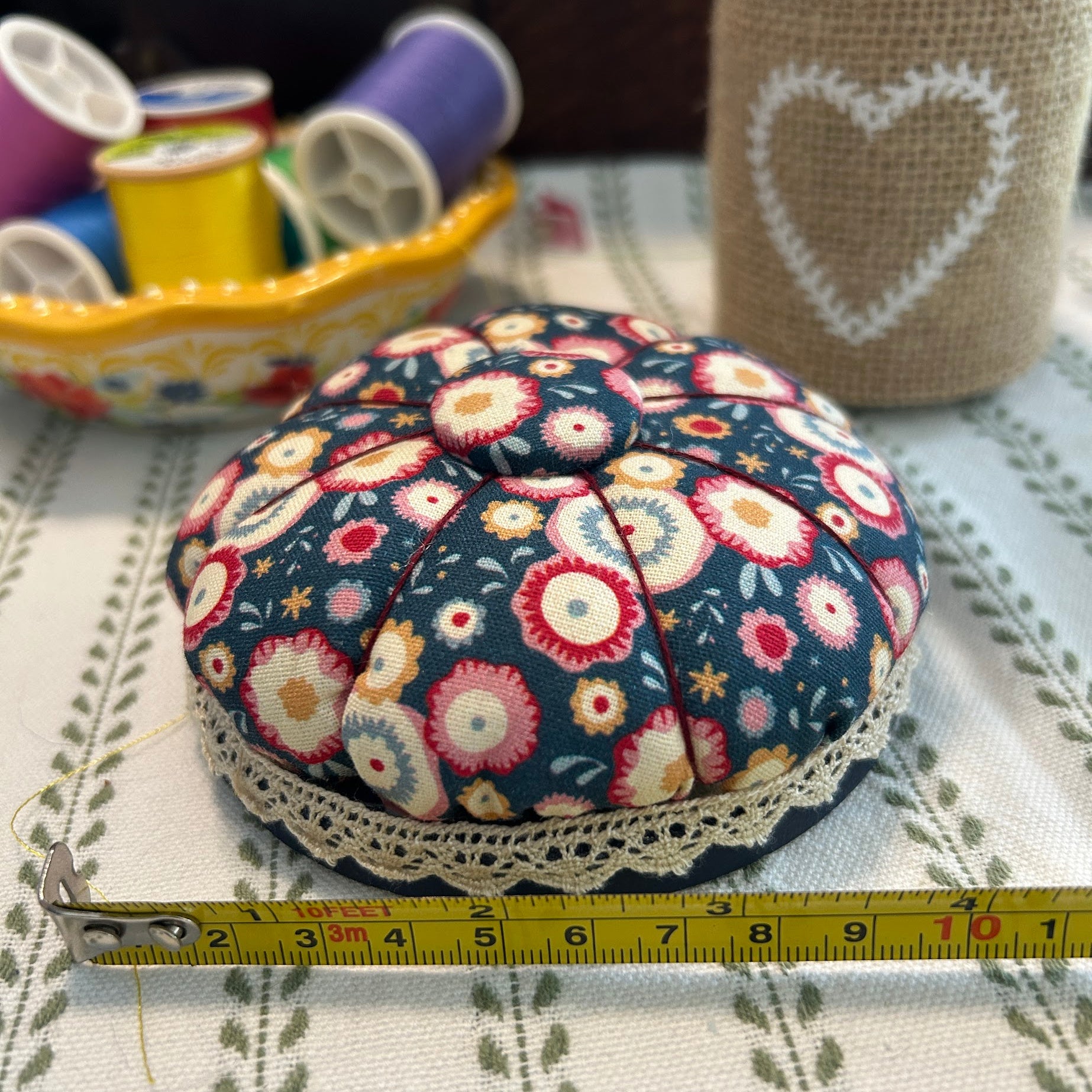 Pin Cushion - Facets on Navy Blue with Wooden Base