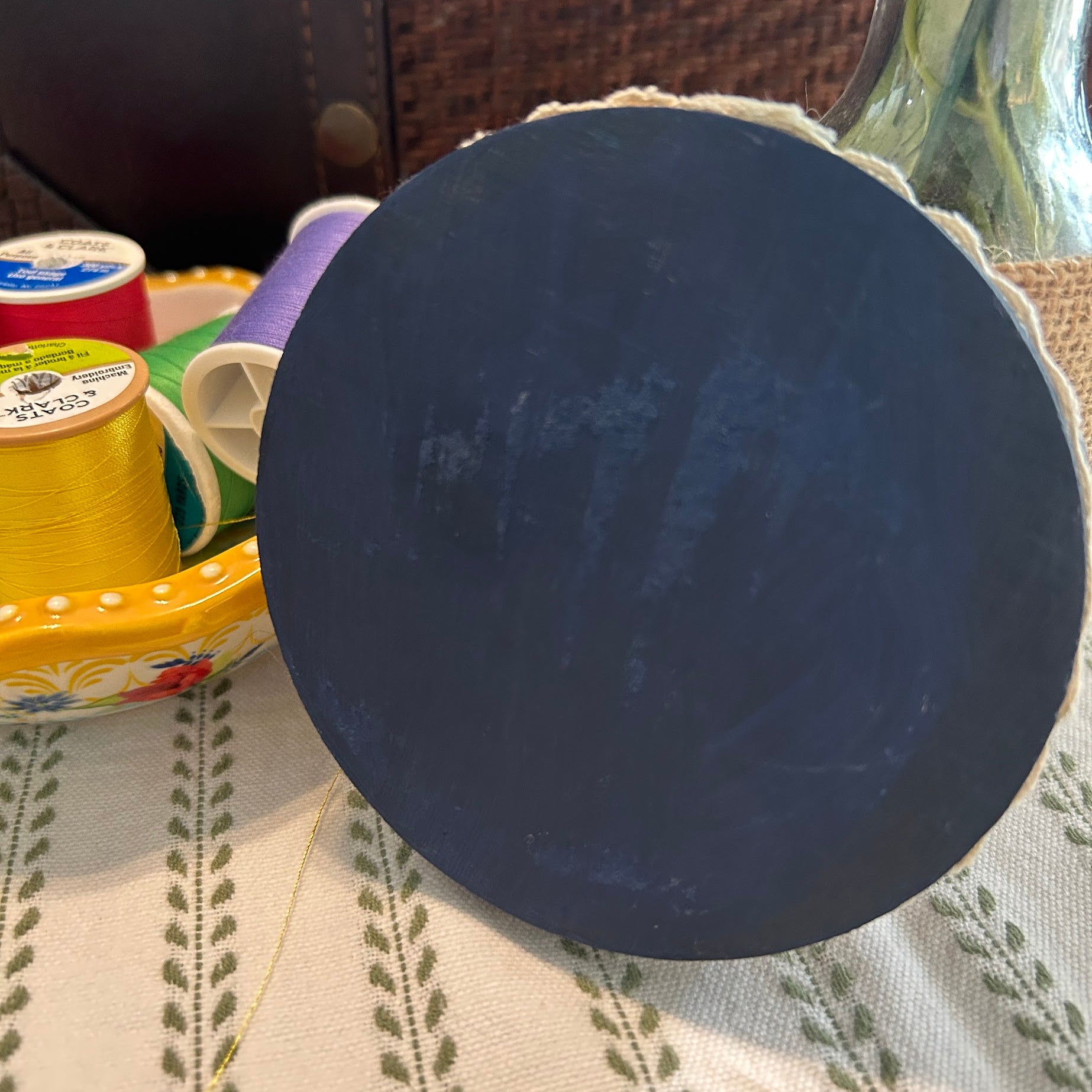 Pin Cushion - Facets on Navy Blue with Wooden Base