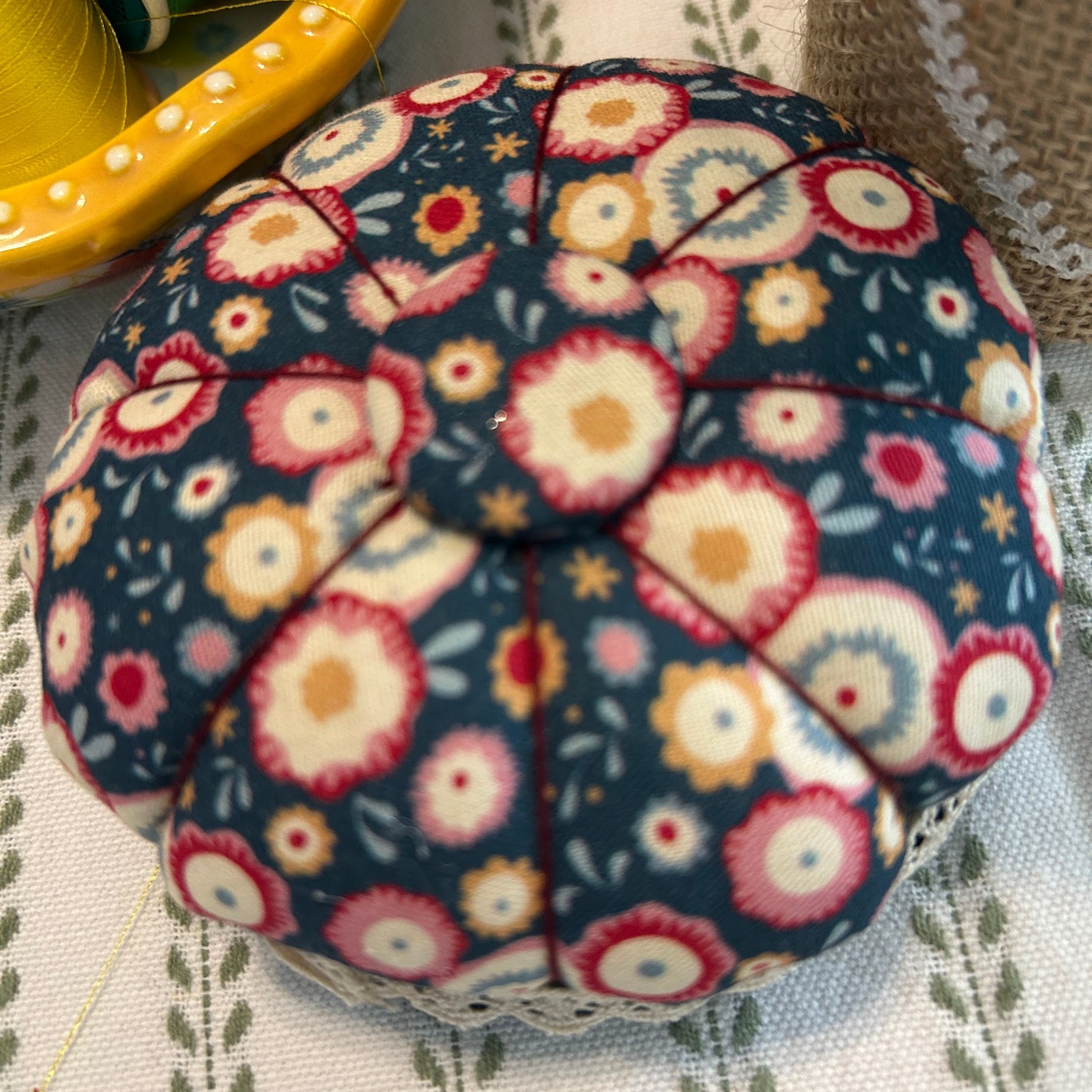Pin Cushion - Facets on Navy Blue with Wooden Base