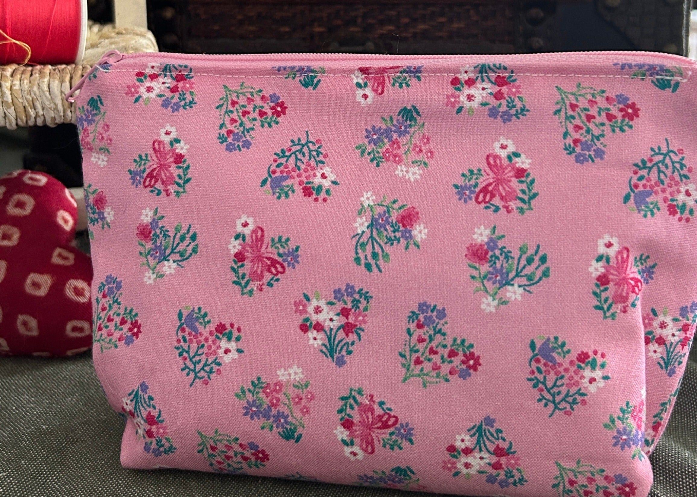 Pink Hearts and Elephants Cosmetic Zipper Pouch