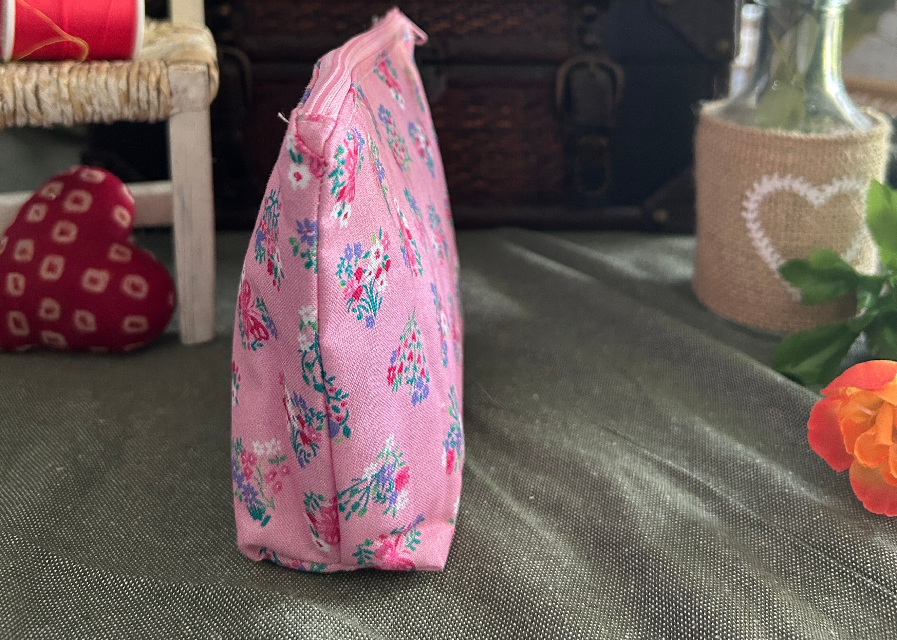 Pink Hearts and Elephants Cosmetic Zipper Pouch