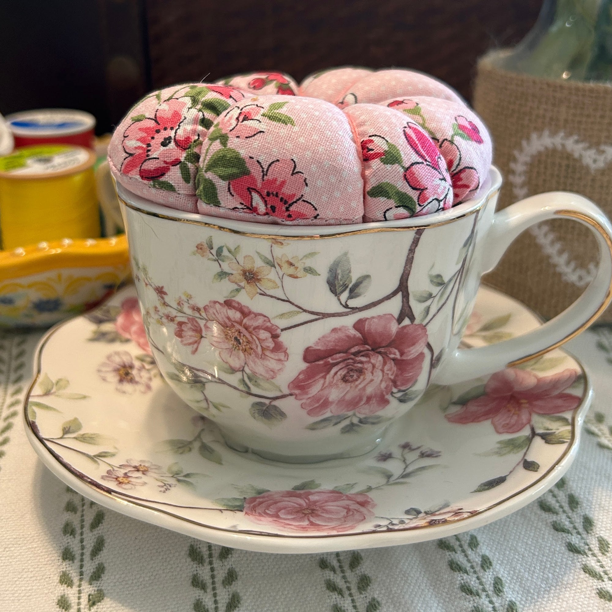 Pink Roses Tea Cup Pin Cushion