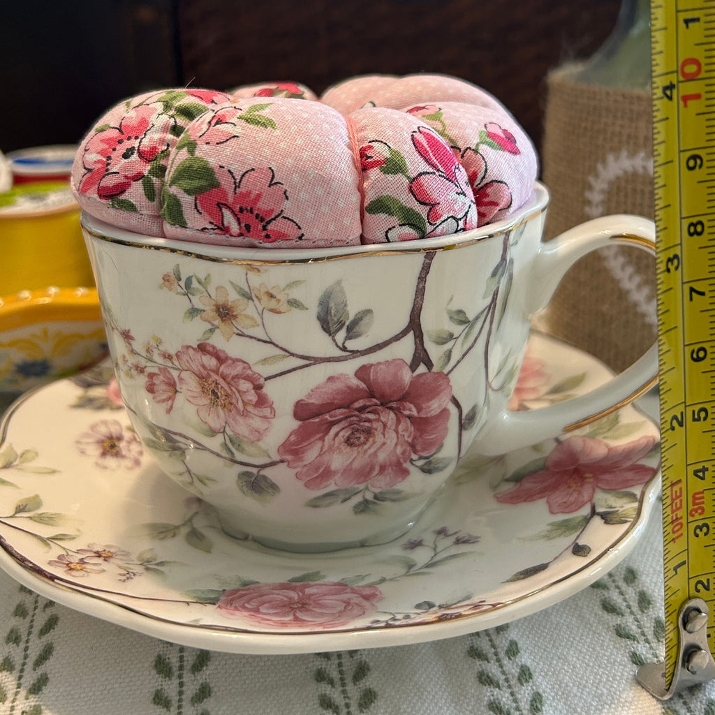 Pink Roses Tea Cup Pin Cushion