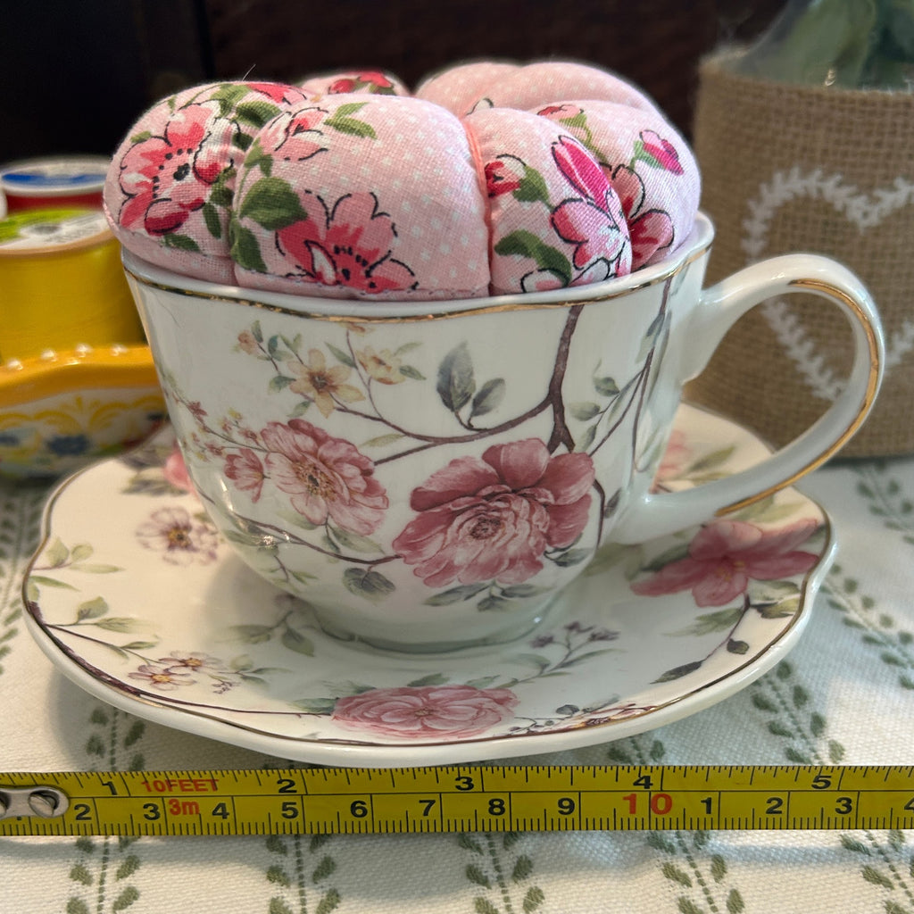 Pink Roses Tea Cup Pin Cushion