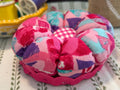 Pin Cushion with Pink, Purple, and Teal Hearts on wooden base