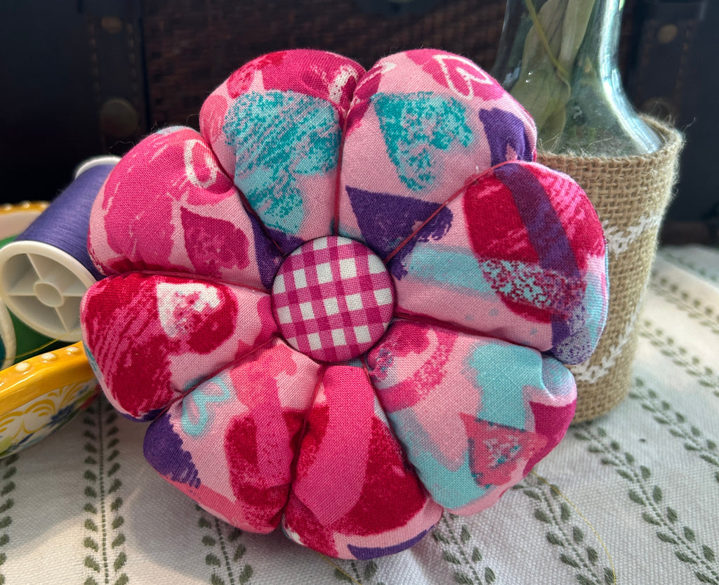 Pin Cushion with Pink, Purple, and Teal Hearts on wooden base