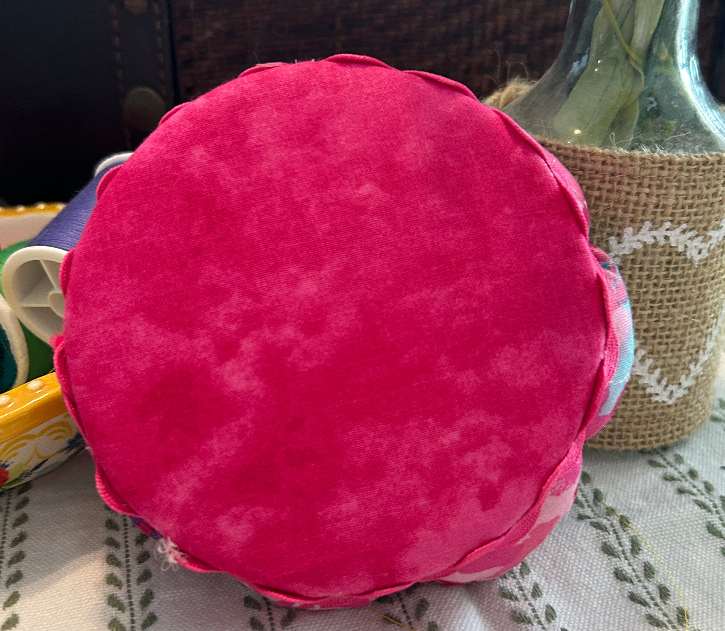 Pin Cushion with Pink, Purple, and Teal Hearts on wooden base