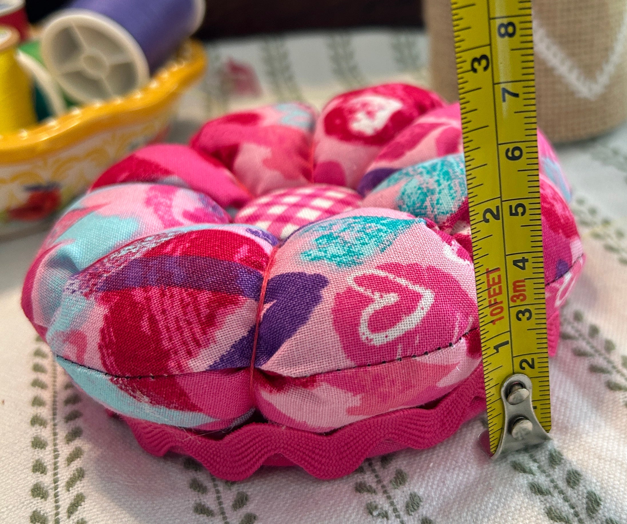 Pin Cushion with Pink, Purple, and Teal Hearts on wooden base
