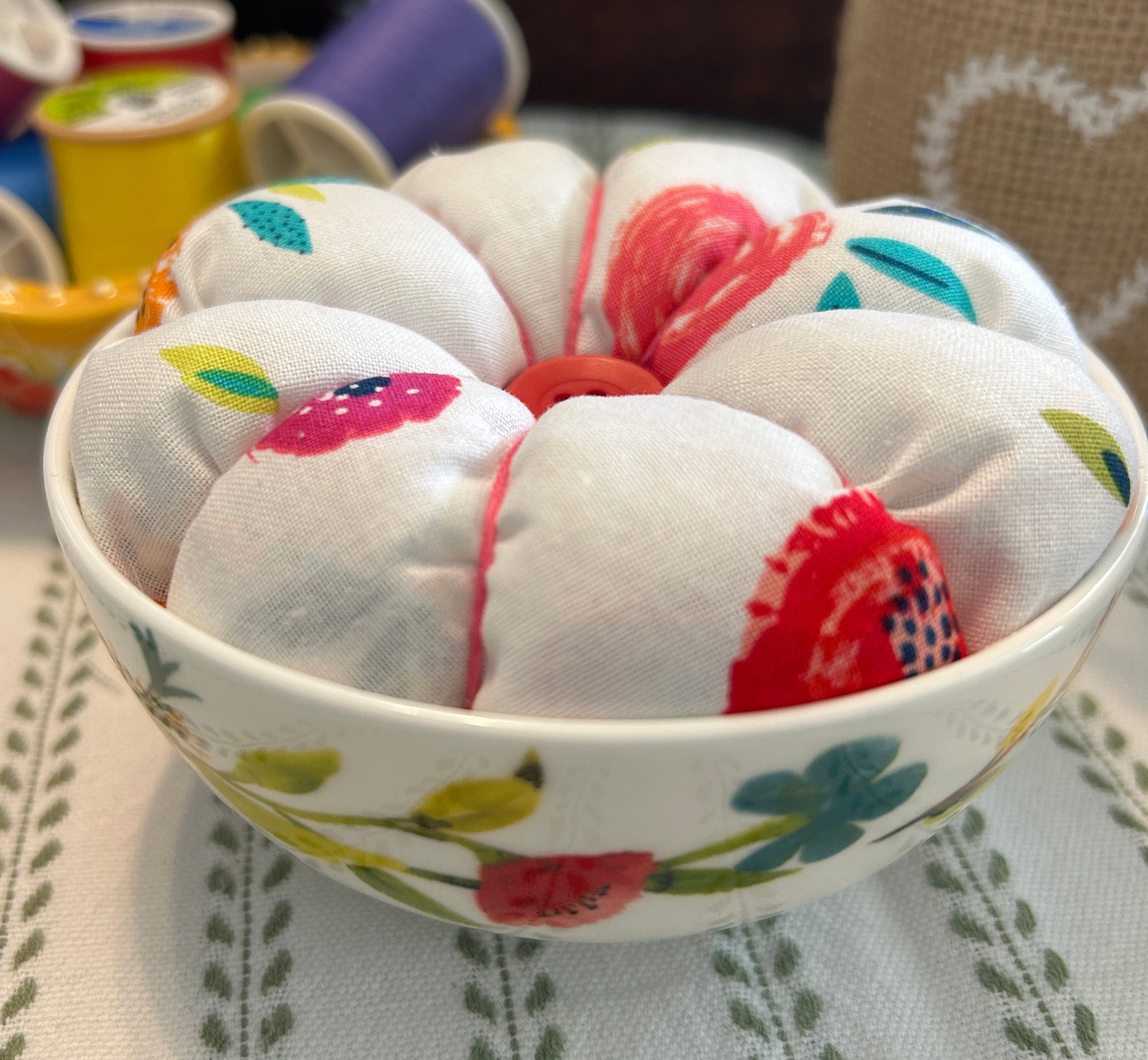 Hot Pink Floral Design in a Bowl Pin Cushion
