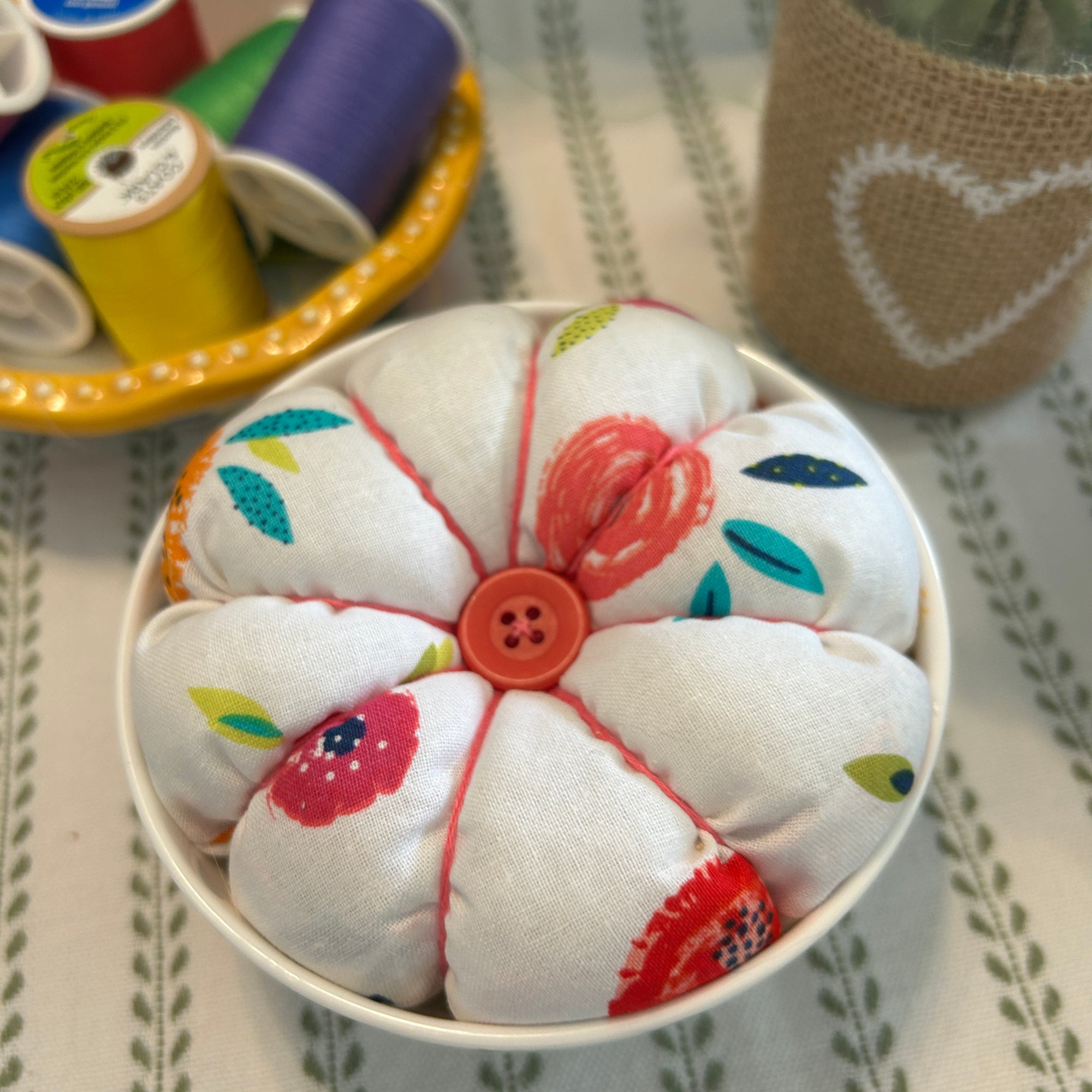 Hot Pink Floral Design in a Bowl Pin Cushion