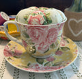 Dainty Pink and Yellow Tea Cup and Saucer Pin Cushion