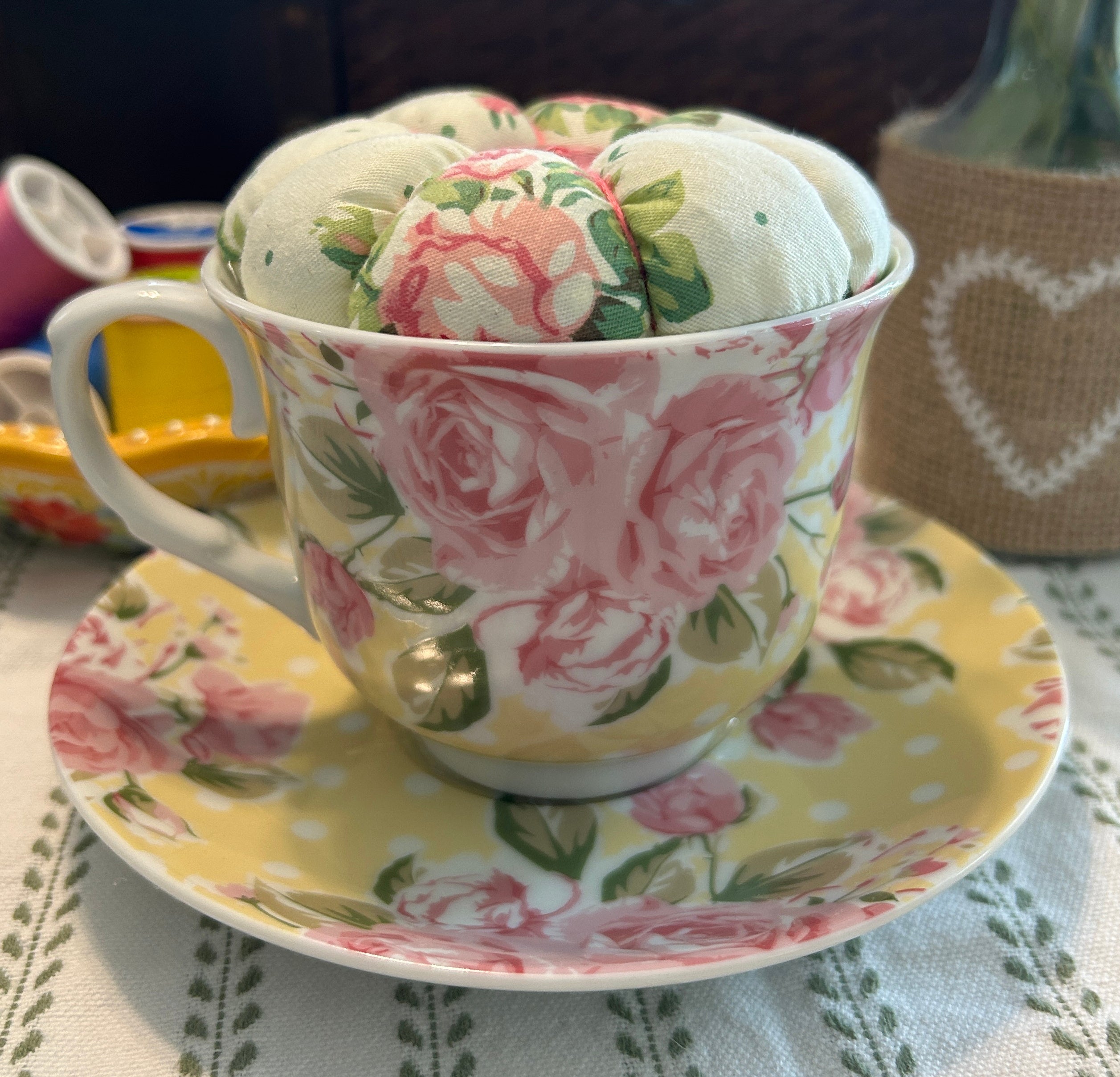 Dainty Pink and Yellow Tea Cup and Saucer Pin Cushion