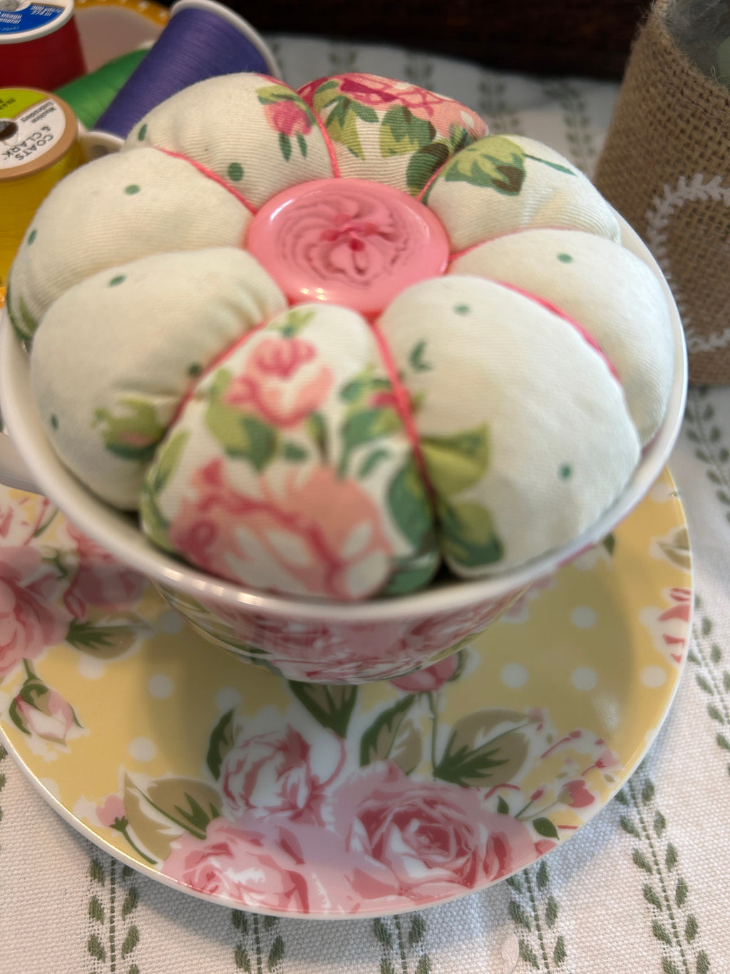 Dainty Pink and Yellow Tea Cup and Saucer Pin Cushion
