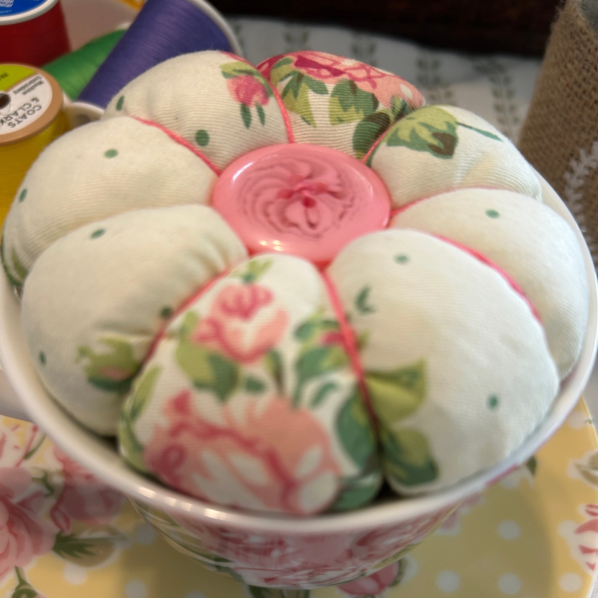 Dainty Pink and Yellow Tea Cup and Saucer Pin Cushion