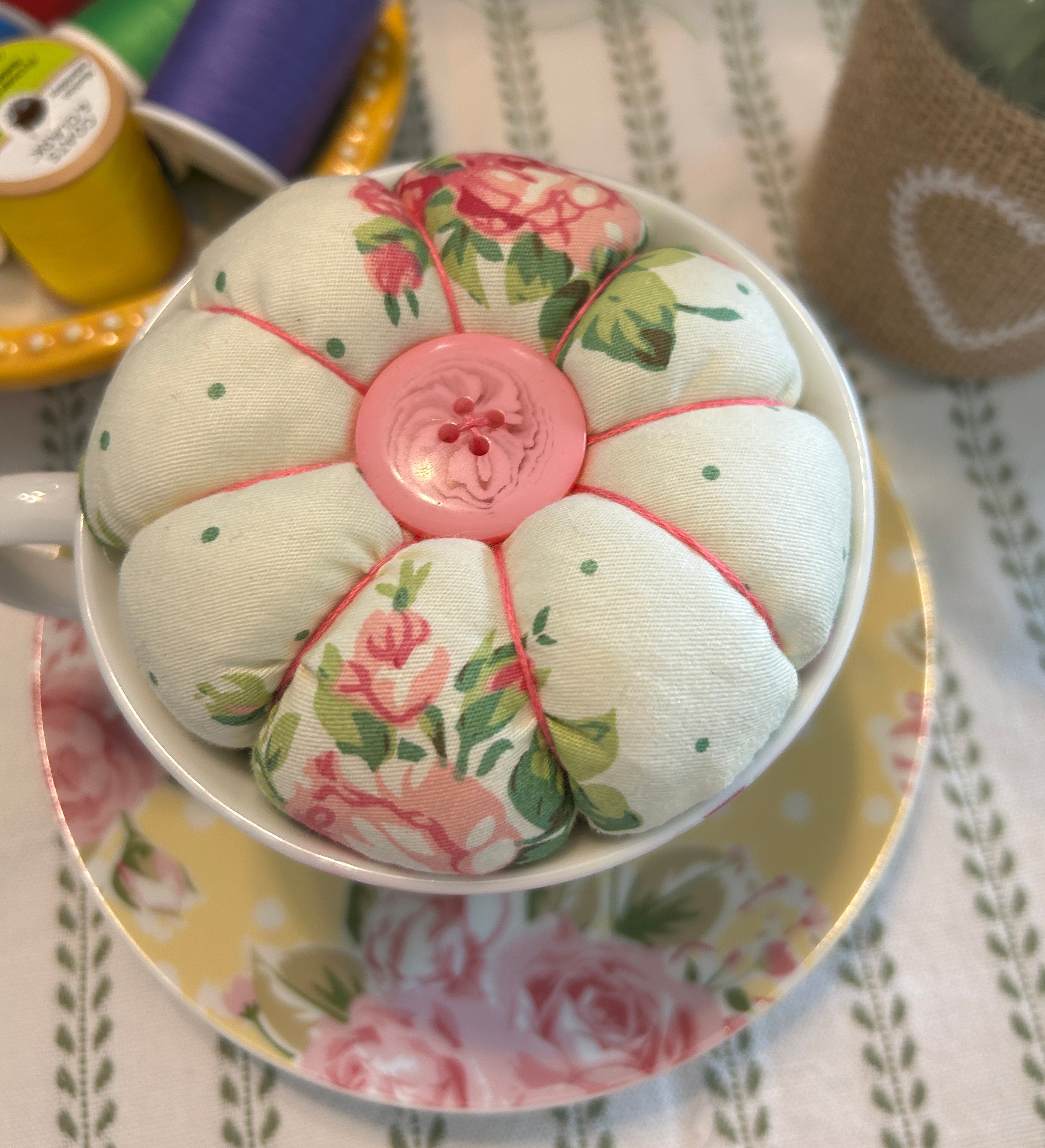Dainty Pink and Yellow Tea Cup and Saucer Pin Cushion