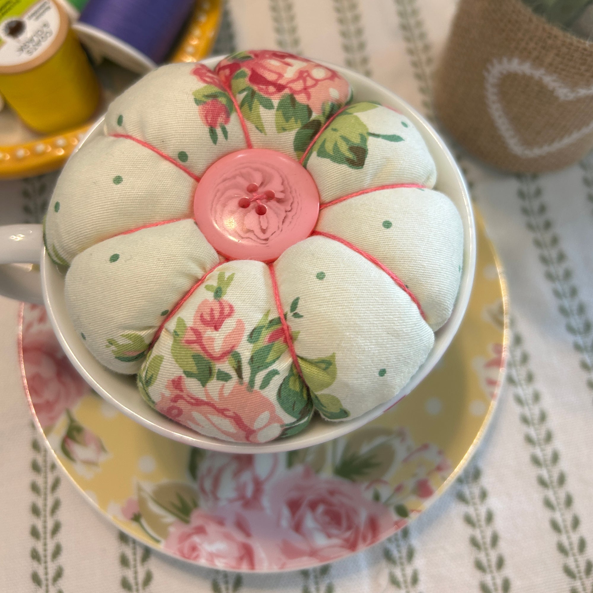 Dainty Pink and Yellow Tea Cup and Saucer Pin Cushion