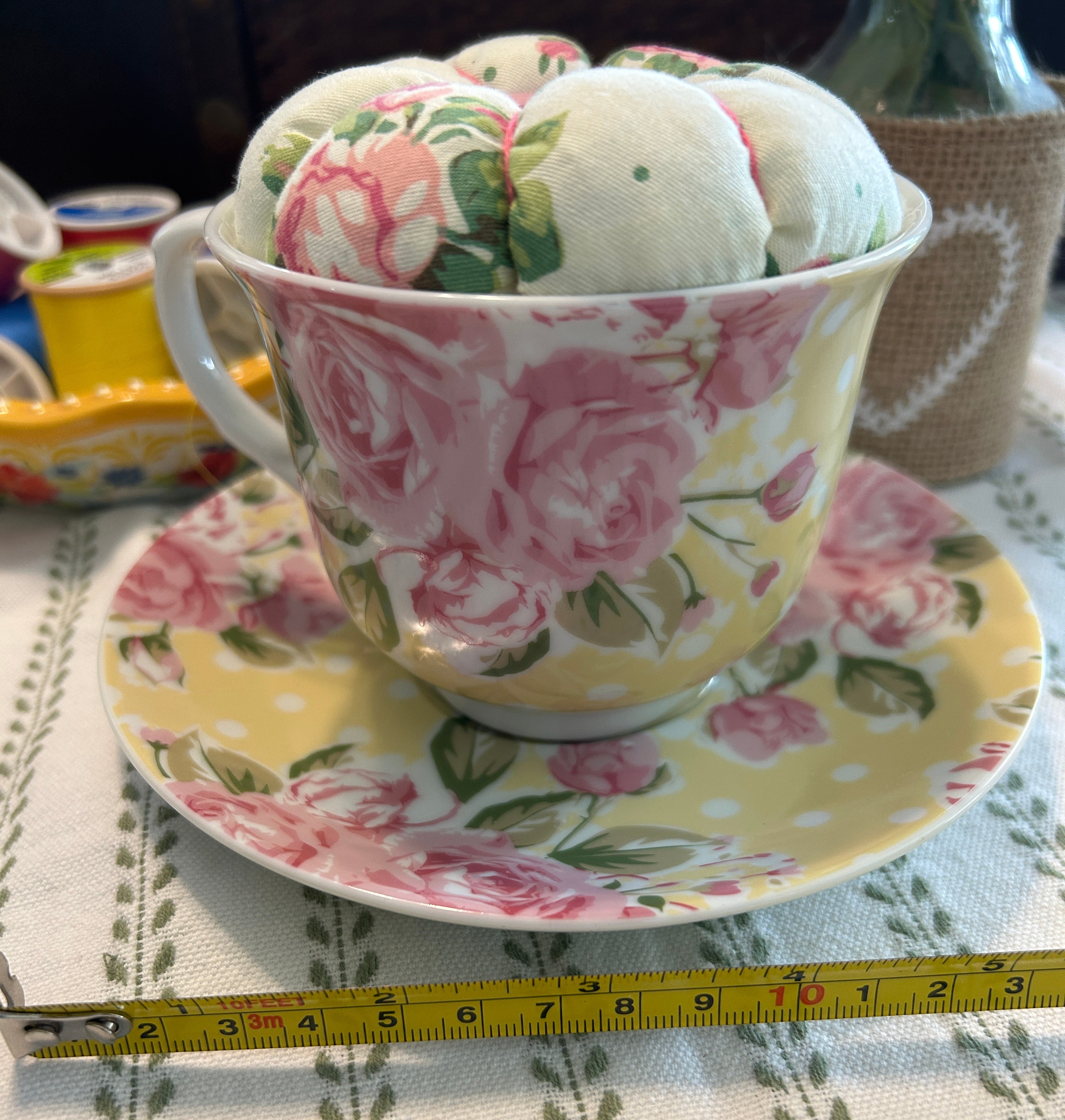 Dainty Pink and Yellow Tea Cup and Saucer Pin Cushion