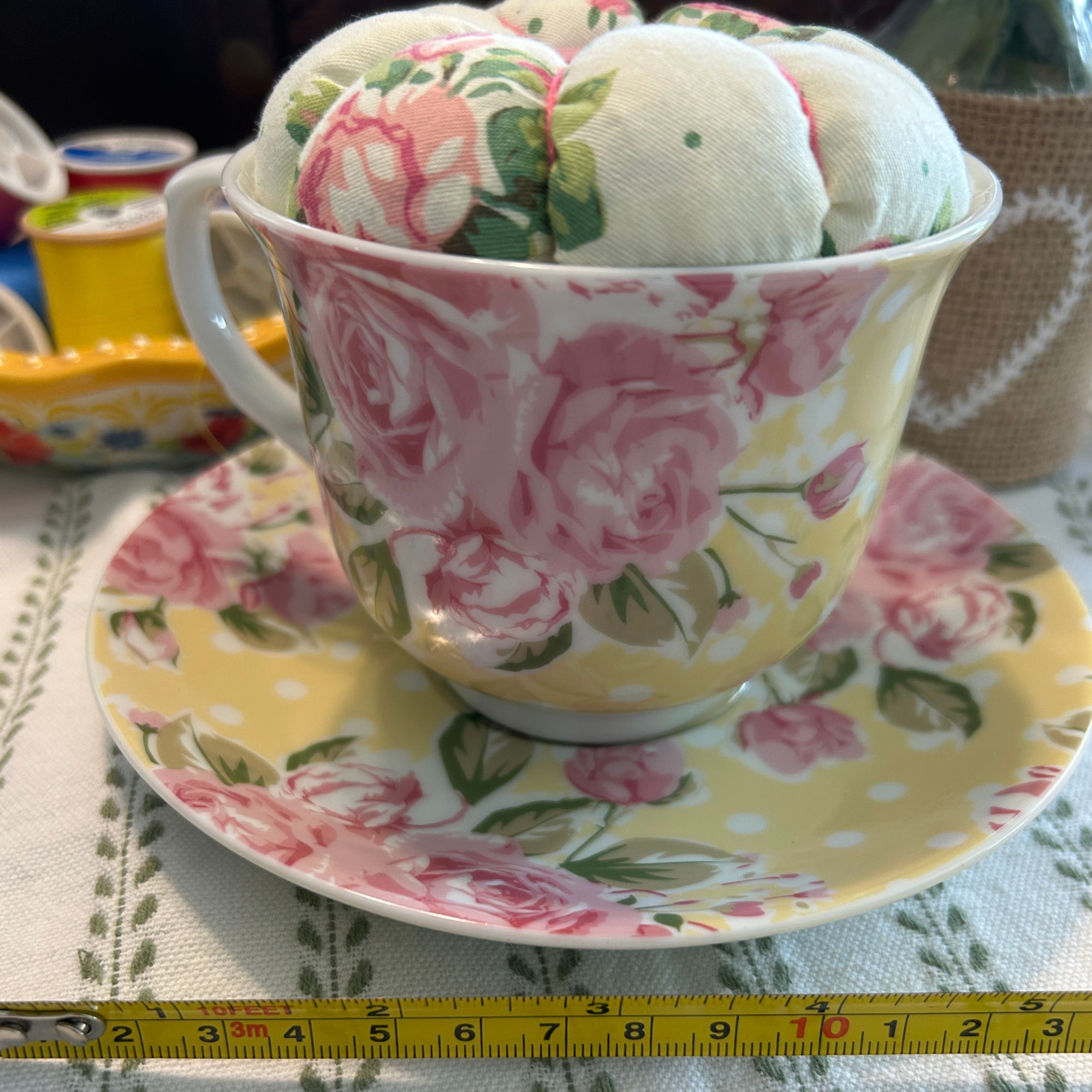 Dainty Pink and Yellow Tea Cup and Saucer Pin Cushion