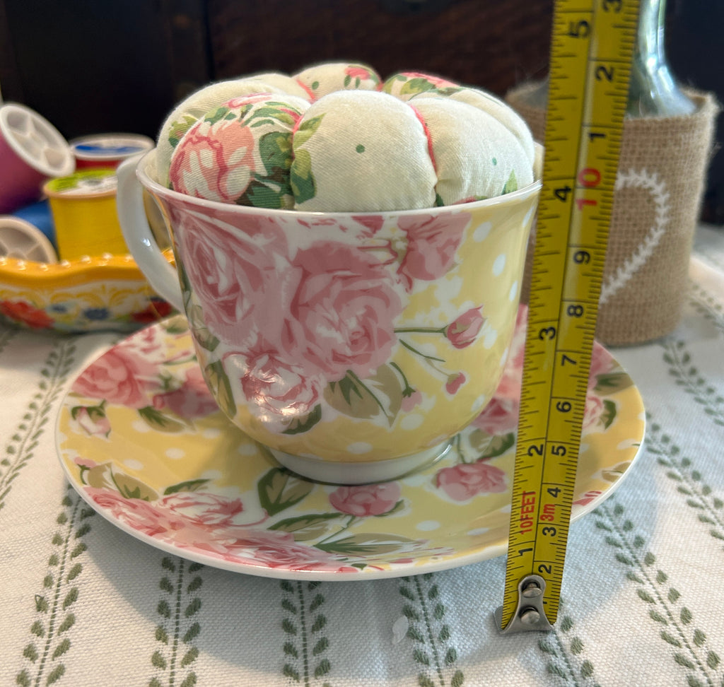 Dainty Pink and Yellow Tea Cup and Saucer Pin Cushion