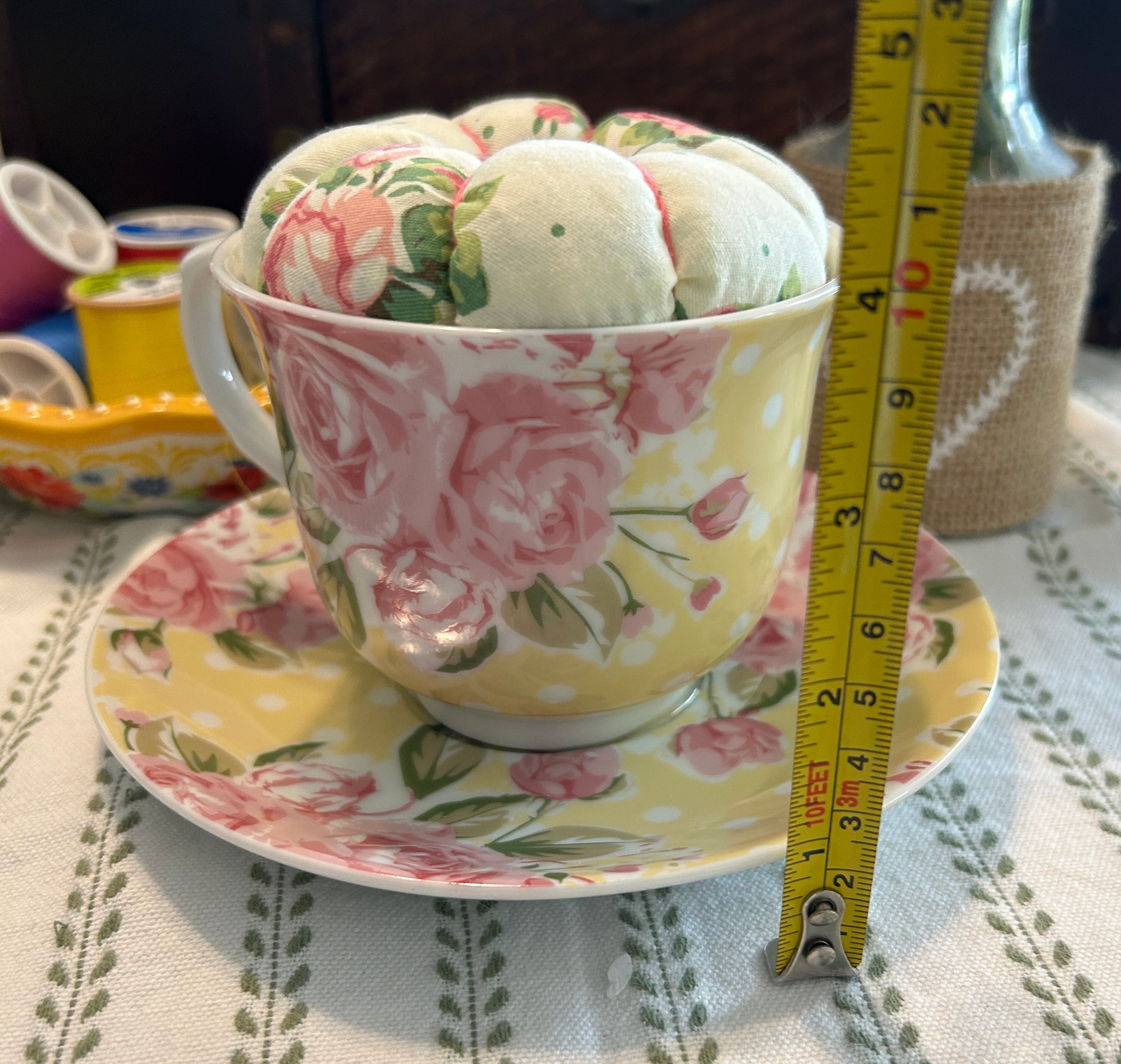 Dainty Pink and Yellow Tea Cup and Saucer Pin Cushion