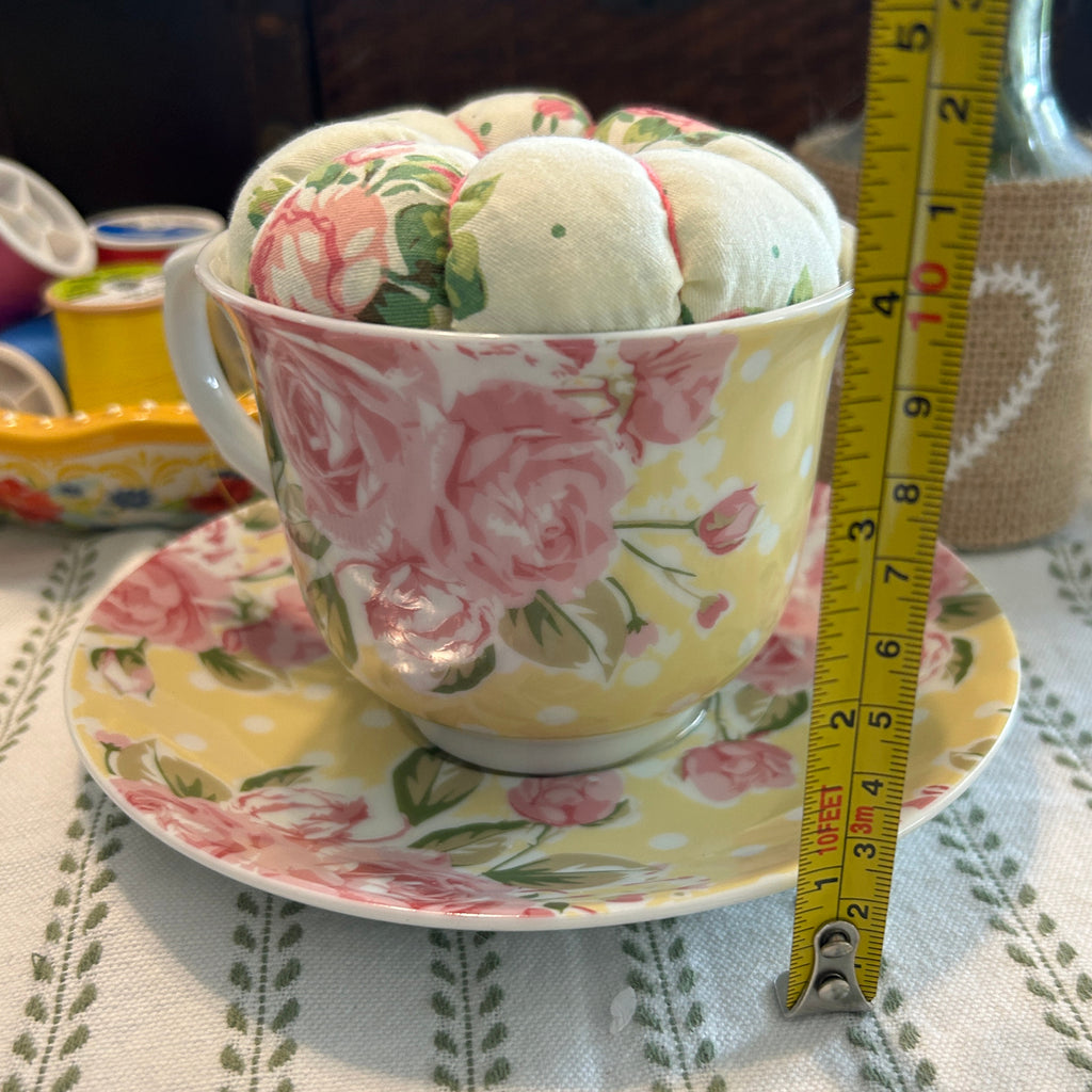 Dainty Pink and Yellow Tea Cup and Saucer Pin Cushion
