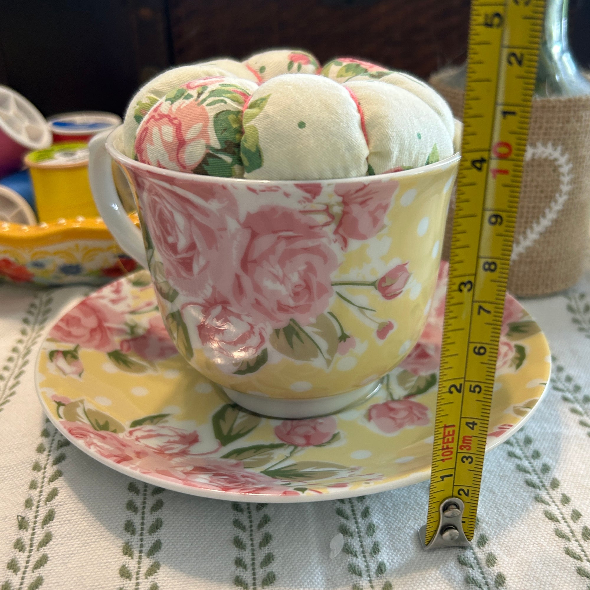 Dainty Pink and Yellow Tea Cup and Saucer Pin Cushion