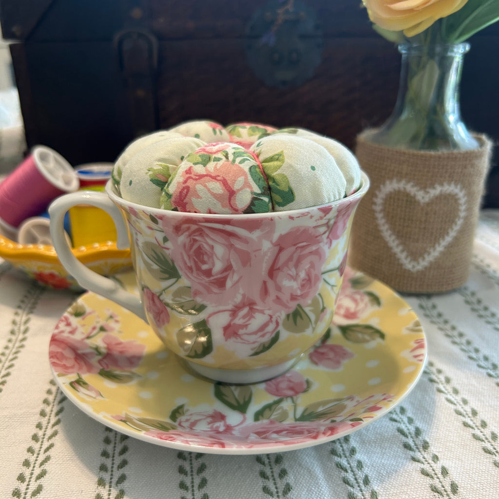 Dainty Pink and Yellow Tea Cup and Saucer Pin Cushion